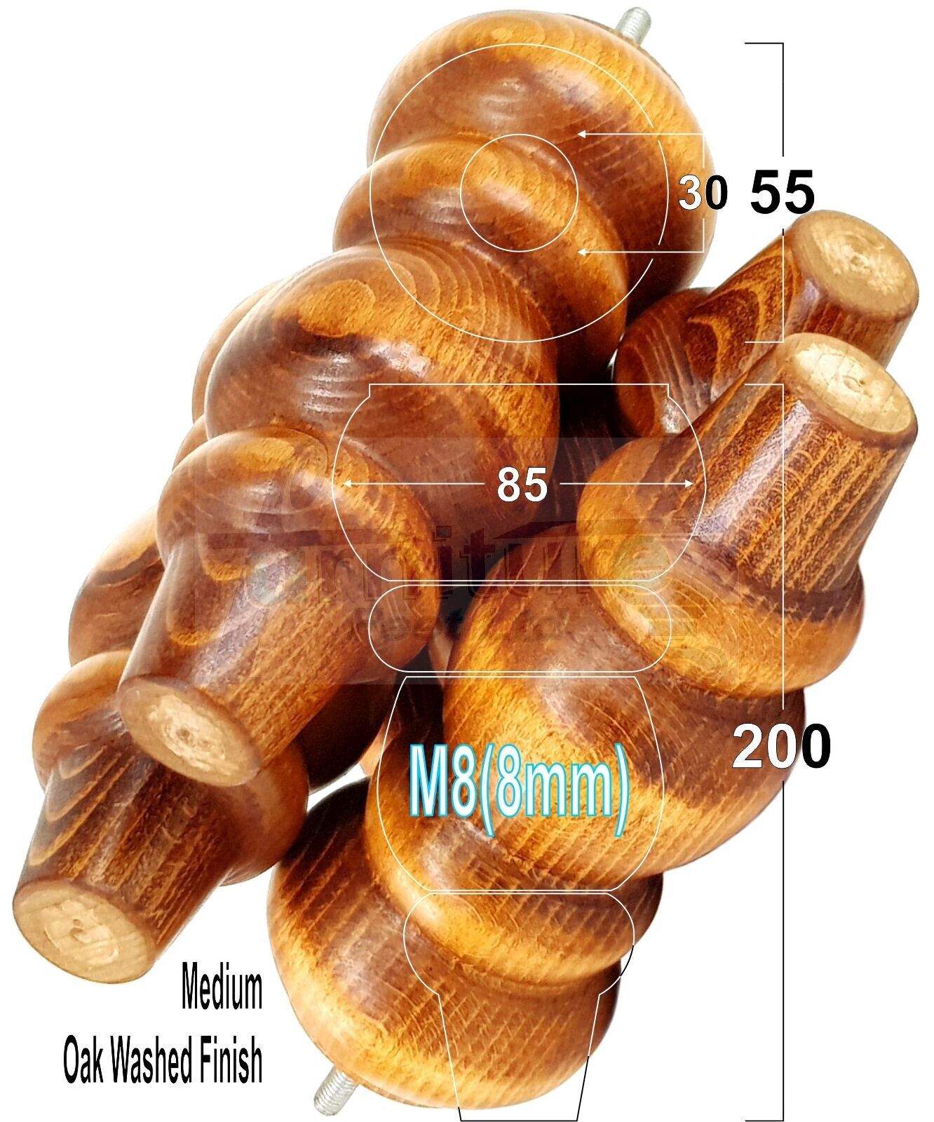 Solid Wood Furniture Feet Replacement Turned Legs 200mm High Chairs Stools Sofa's Beds Settee Cabinets M8 Various Colours Set of 4