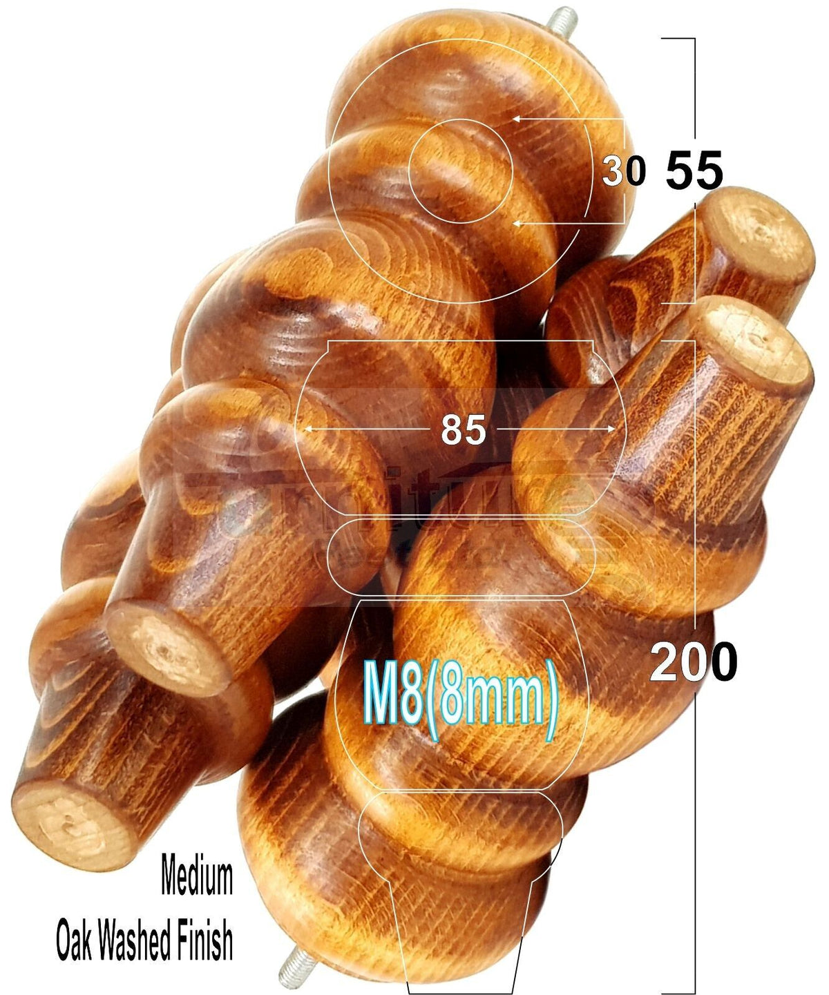 4 Solid Wood Furniture Legs Replacement Turned Chair Feet 200mm High M8 Threaded Dowl