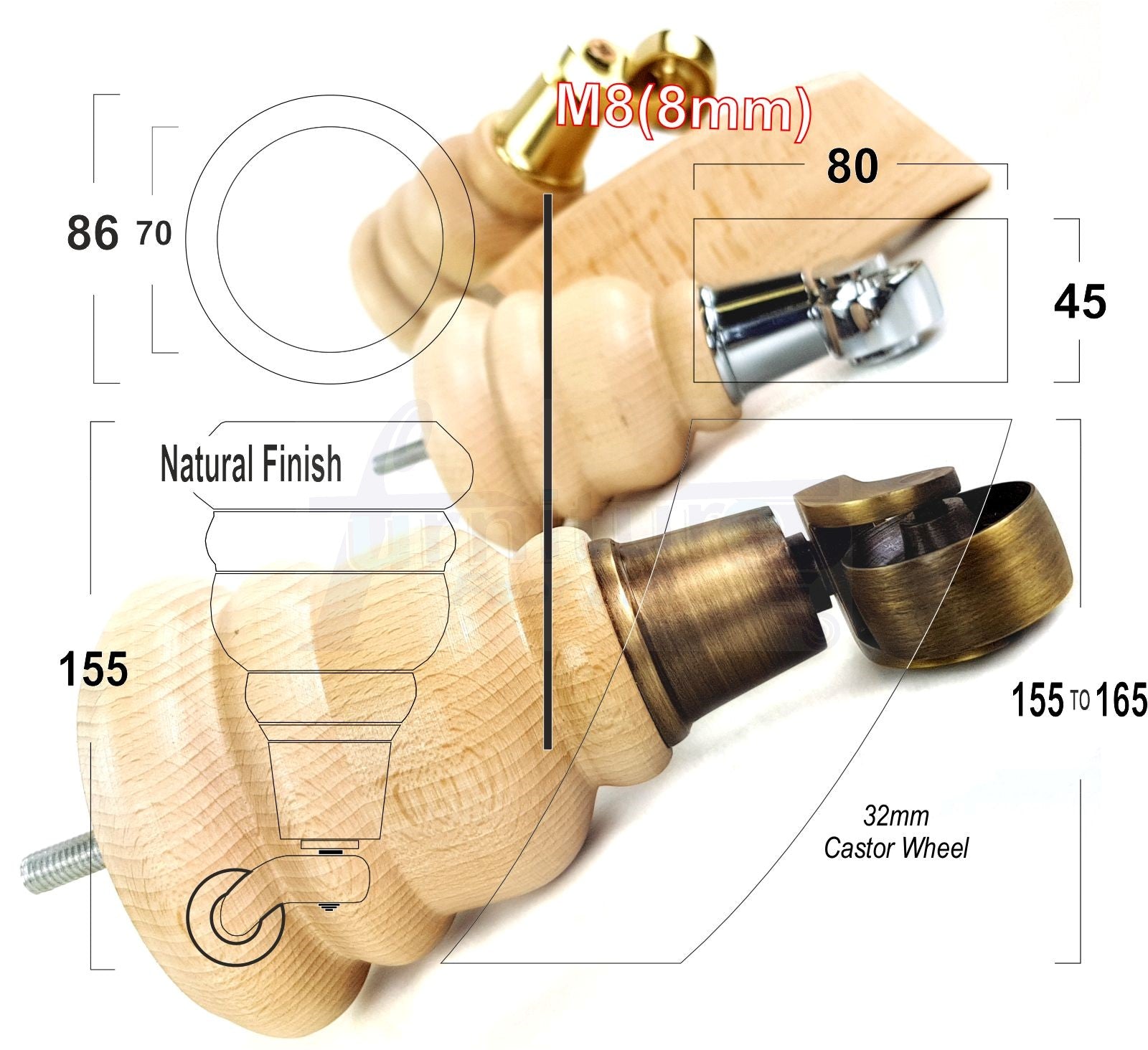 2 Turned Replacement Castor Feet 155mm High & 2 Curved Solid Wood Furniture Legs Natural 6 Inch Legs M8 Bolt