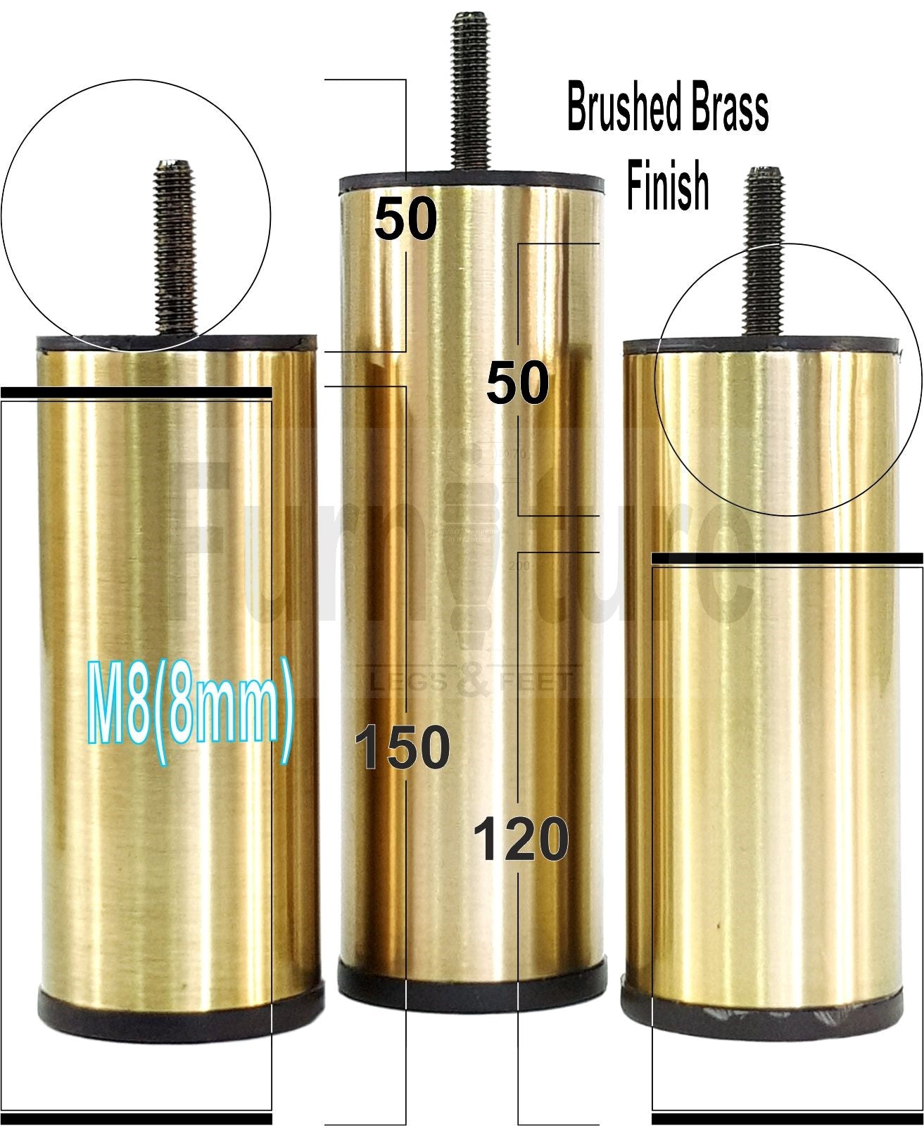 4x Metal Furniture Settee Legs Brass Feet 150mm High Sofa Chair Beds M8
