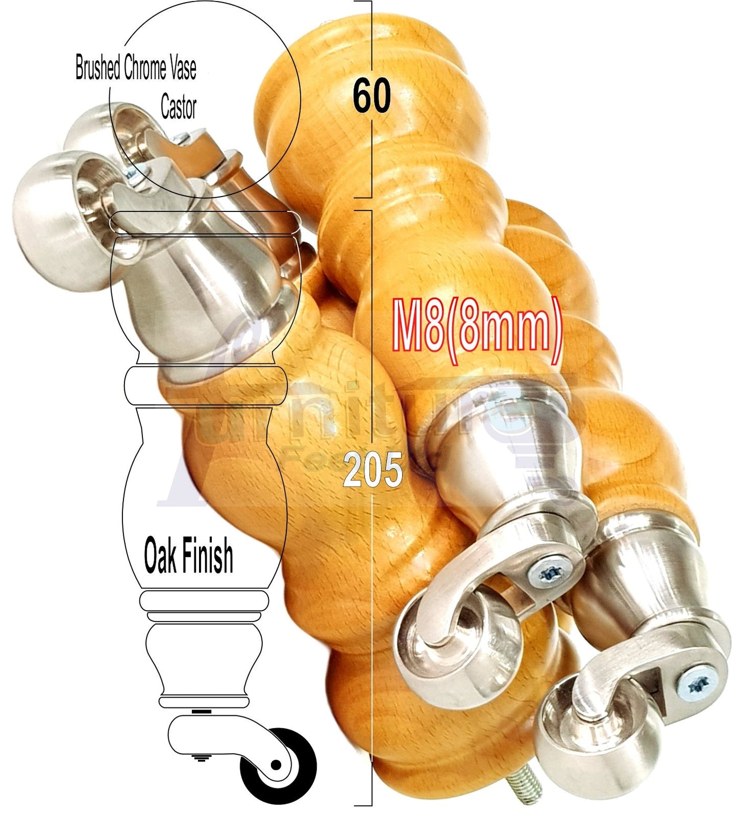 Solid Wood Furniture Feet With Castors Set of 4 Legs 205mm High For Sofas Chairs Stools Cabinets & Beds M8