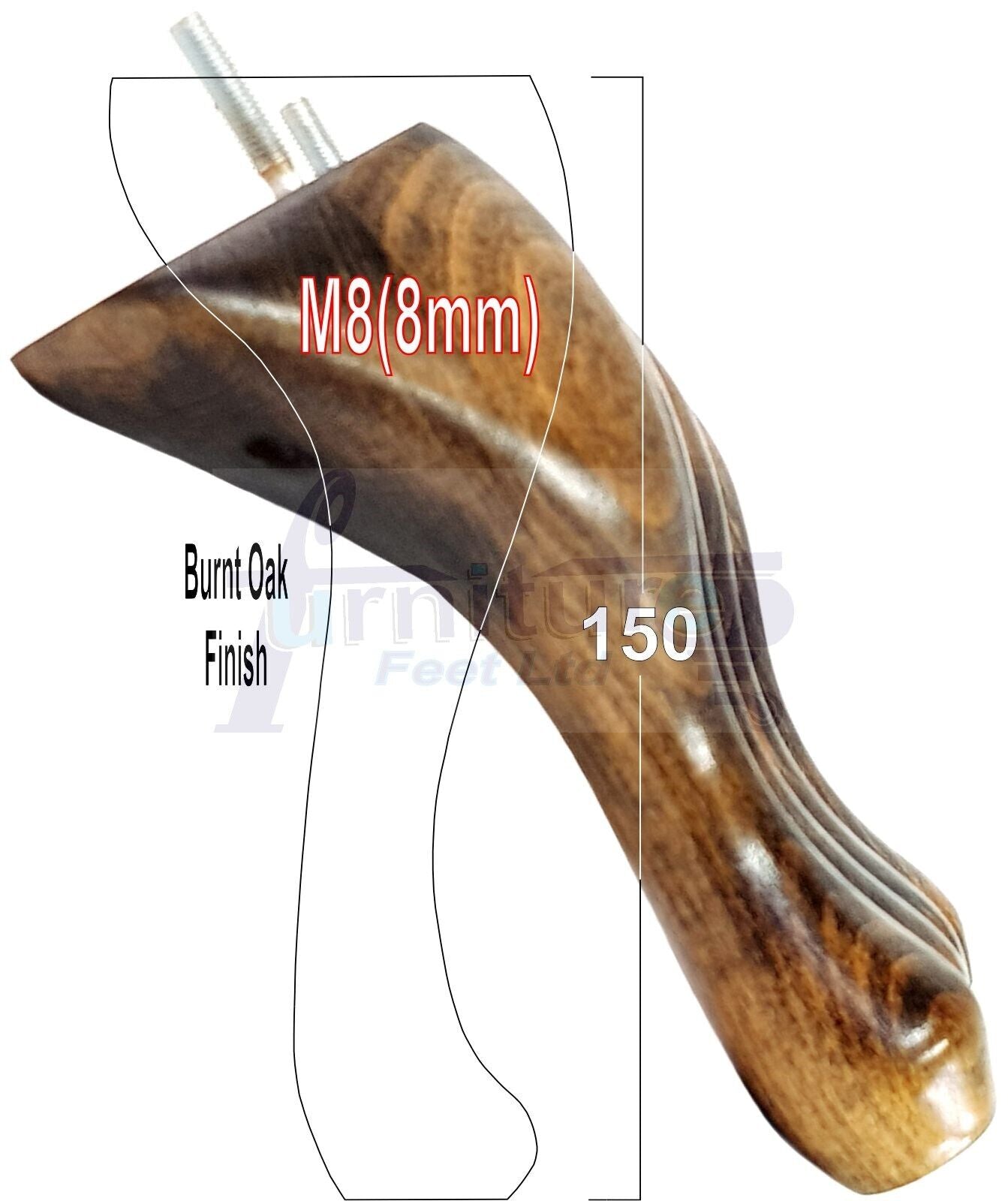 4 Solid Wood Furniture Feet 150mm High Queen Anne Replacement Legs M8 (8mm) 6 Inches Chair Stools Bed Sofa Georgian Style