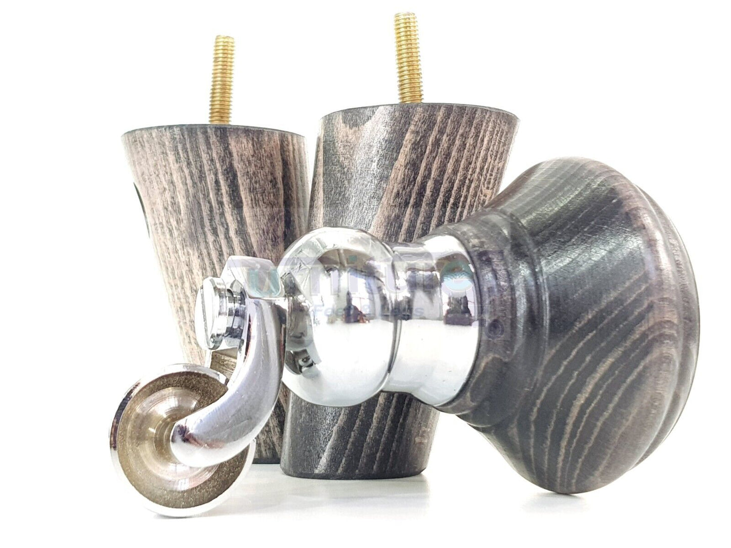 2 Black Washed Wood Furniture Sofa Legs With Castor 125mm & 2 Angled Back Feet Chair Settee 100mm High M8