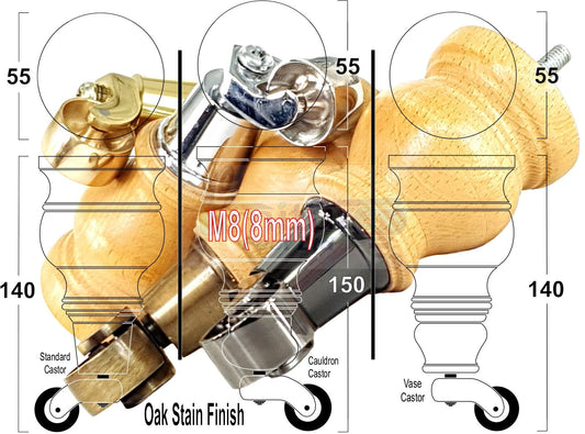 Set Of 4 Turned Wood Furniture Legs With 150mm High Castor 8mm Thread For Chairs Settees & Cabinets Oak Stain Finish