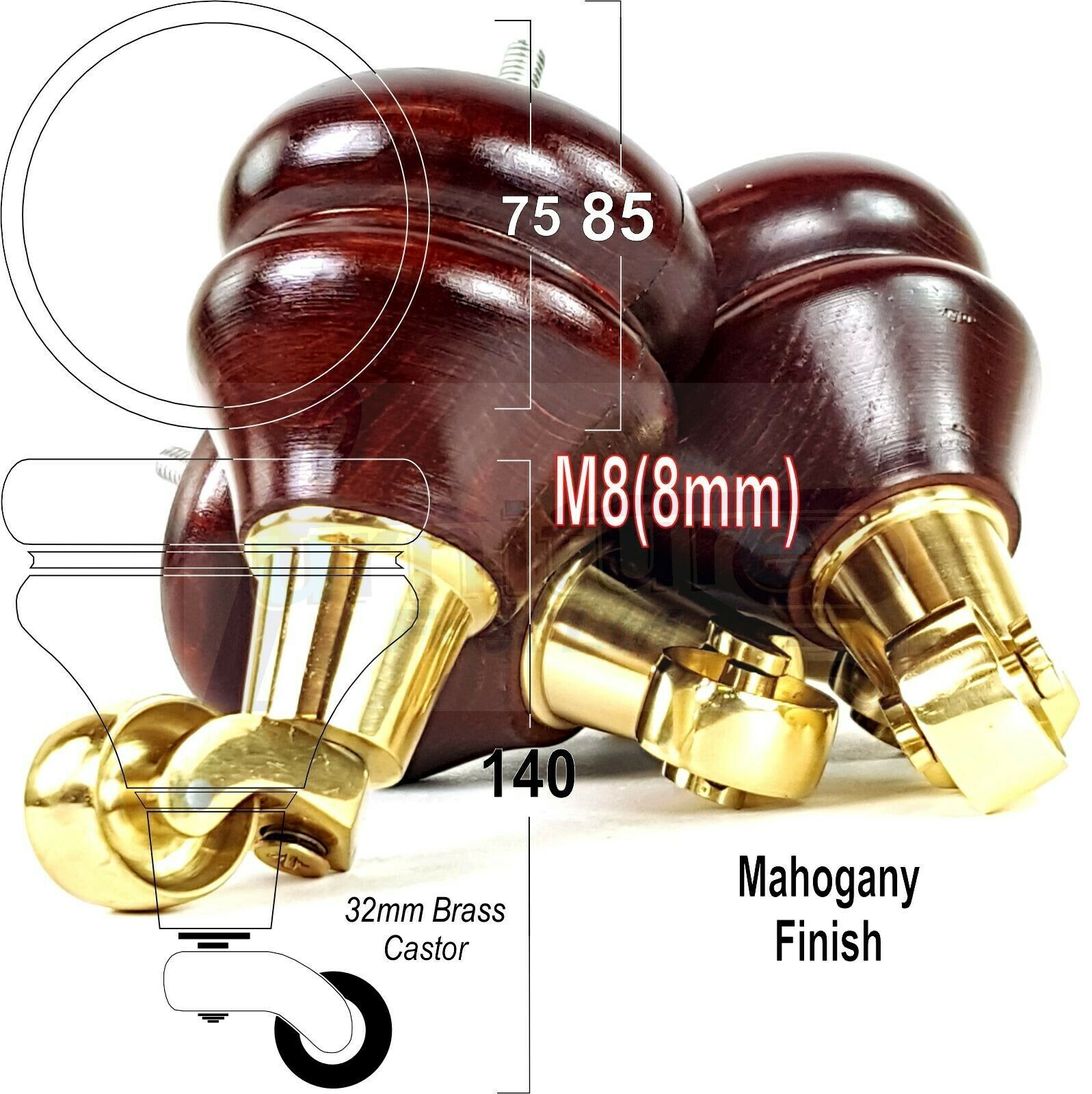 Set Of 2 Turned Furniture Wood Feet With Castors 140mm Sofas Chairs Settee Cabinets Beds M8(8mm)