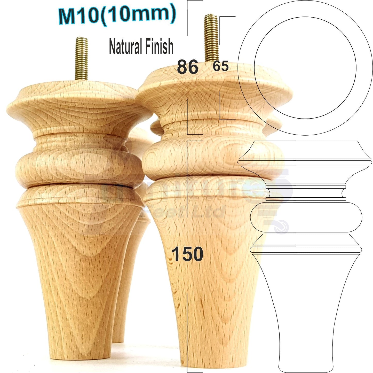 4 Turned Furniture Legs 150mm High Replacement Feet M10 Thread For Settees Chairs Sofas