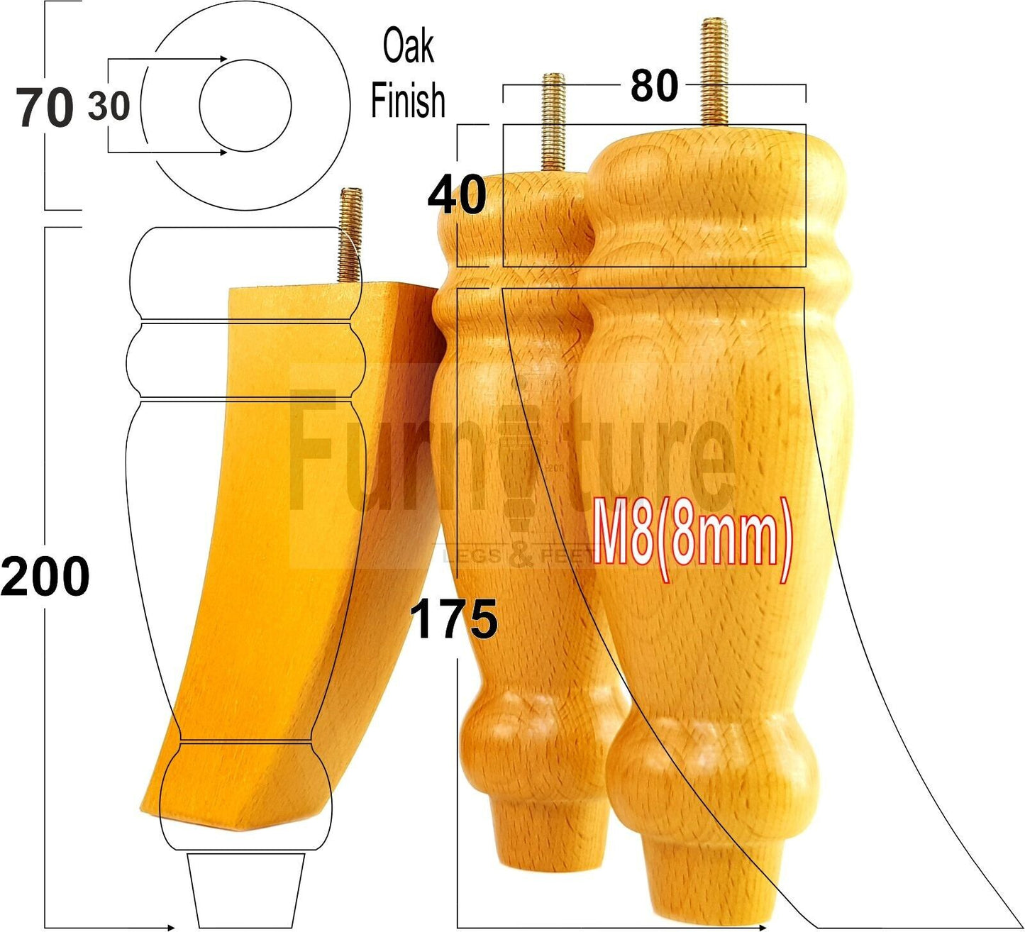 2 Turned Furniture Feet Replacement Sofa Legs 200mm & 2 Curved Back Legs 175mm for Chairs Sofa Settee Cabinets M8
