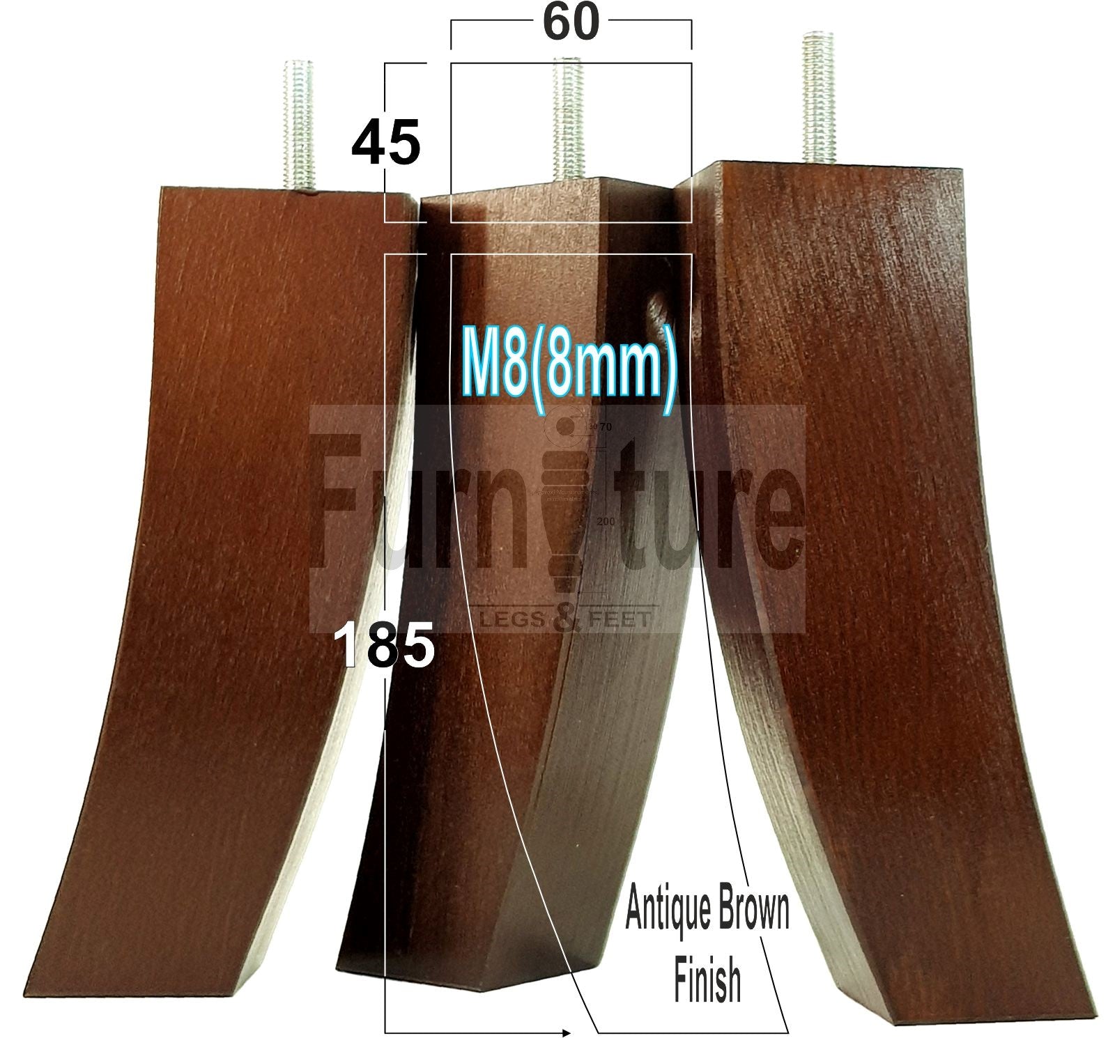 Set Of 4 Solid Wood Curved Furniture Feet Replacement Legs 185mm High M8(8mm)