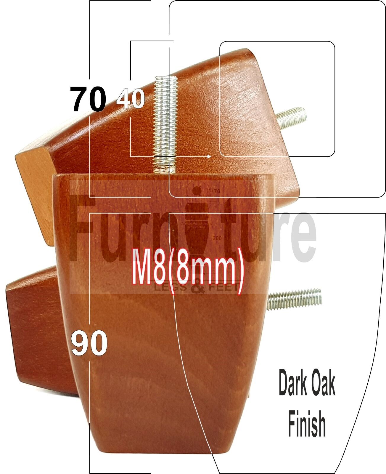 Set Of 4 Solid Wooden Block Furniture Feet Replacement Legs 90mm High M8(8mm)