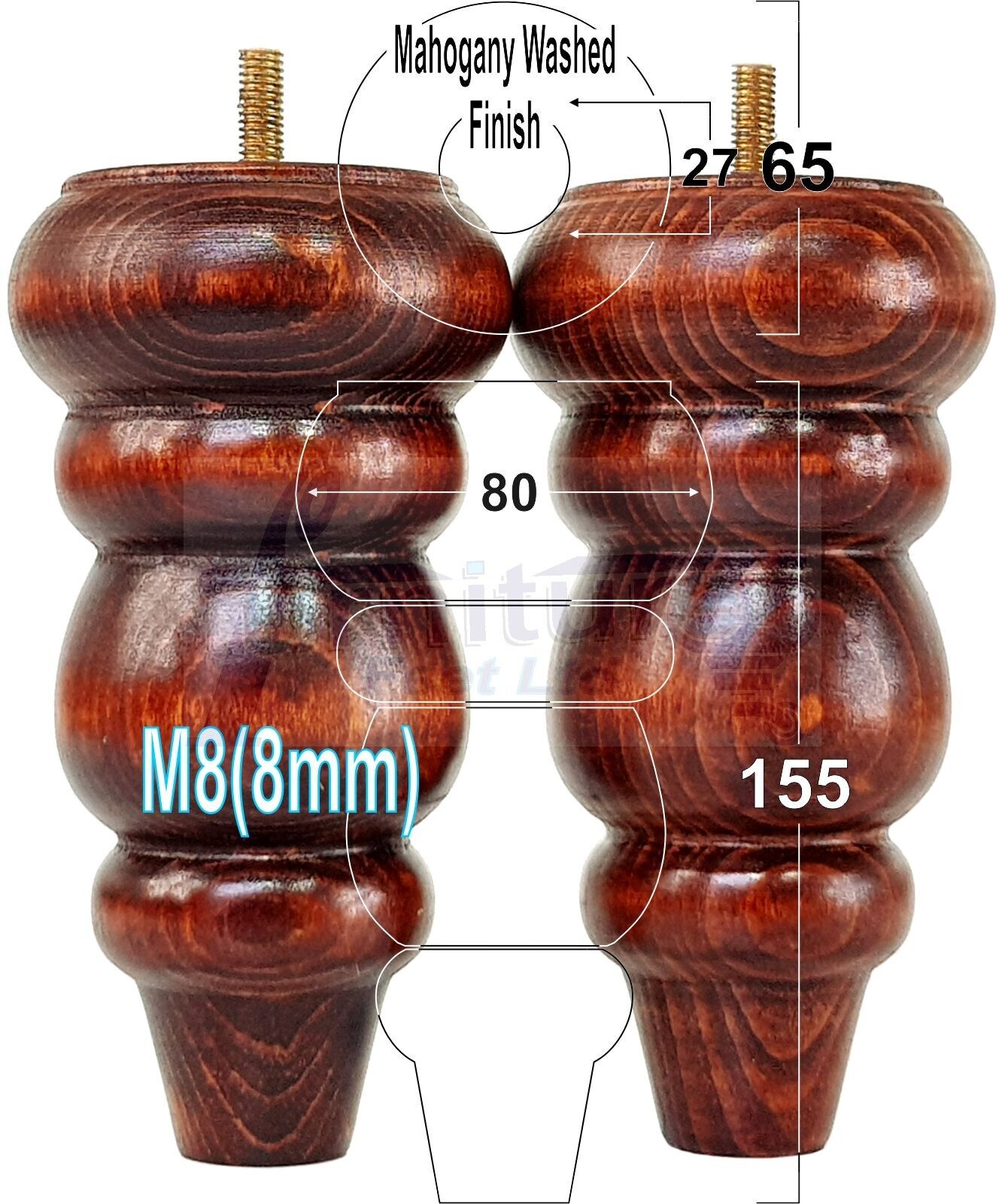 4 Solid Turned Wood Furniture Sofa Leg M8 Chair Settee Footstool Feet 155mm High