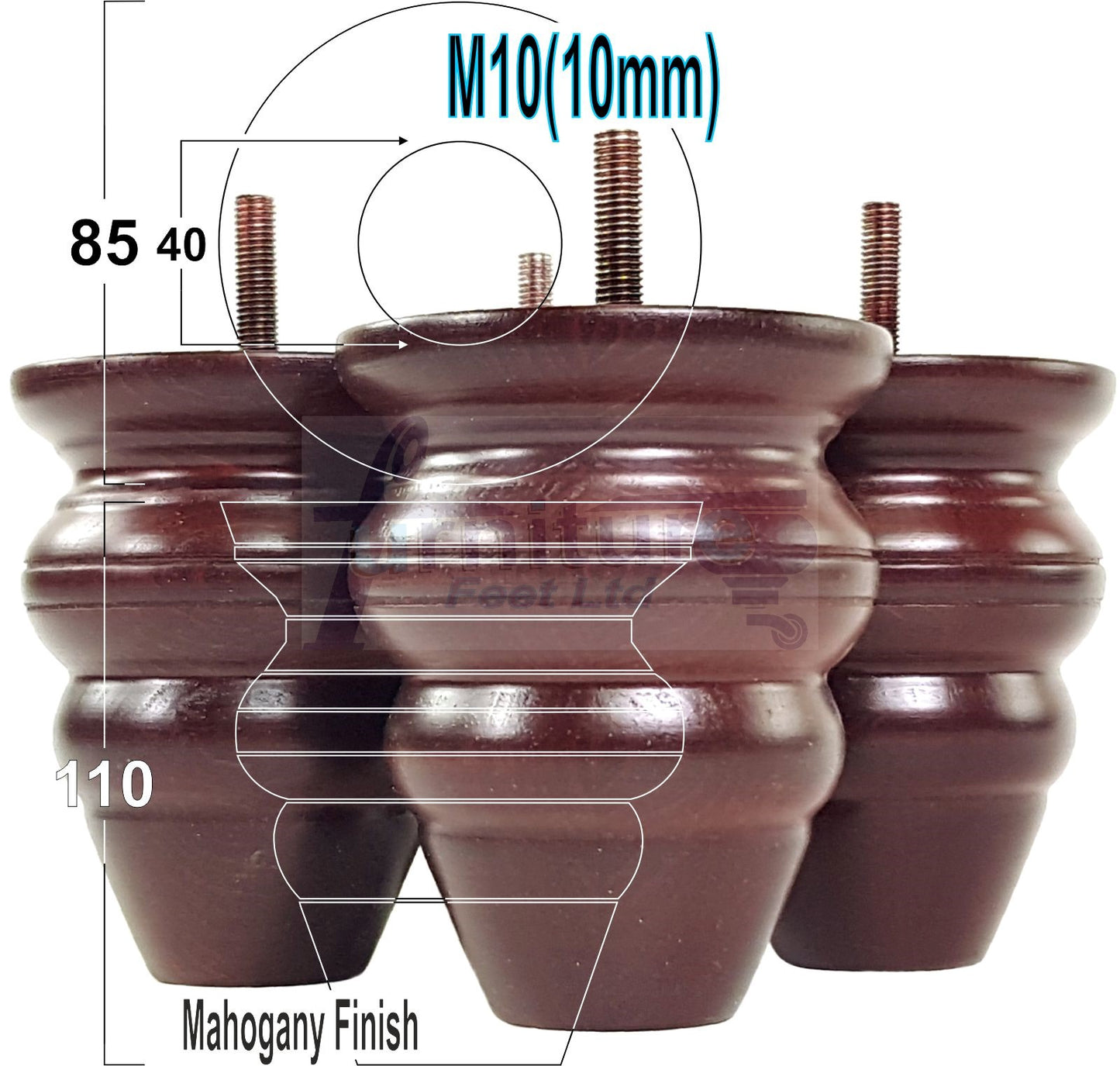 4 Turned Wood Furniture Legs Replacement Feet 110mm High Chairs Stools Sofa's Beds Settee M10 Thread