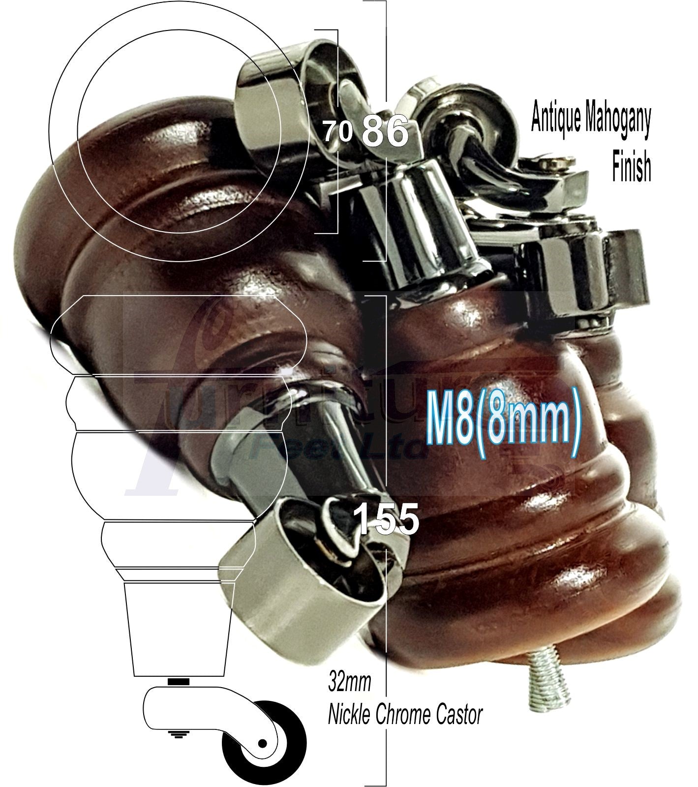 4 Turned Wood Furniture Feet With Black Chrome Castors 155mm Legs Sofas Chairs Stools Cabinets Beds M8 6 Inches