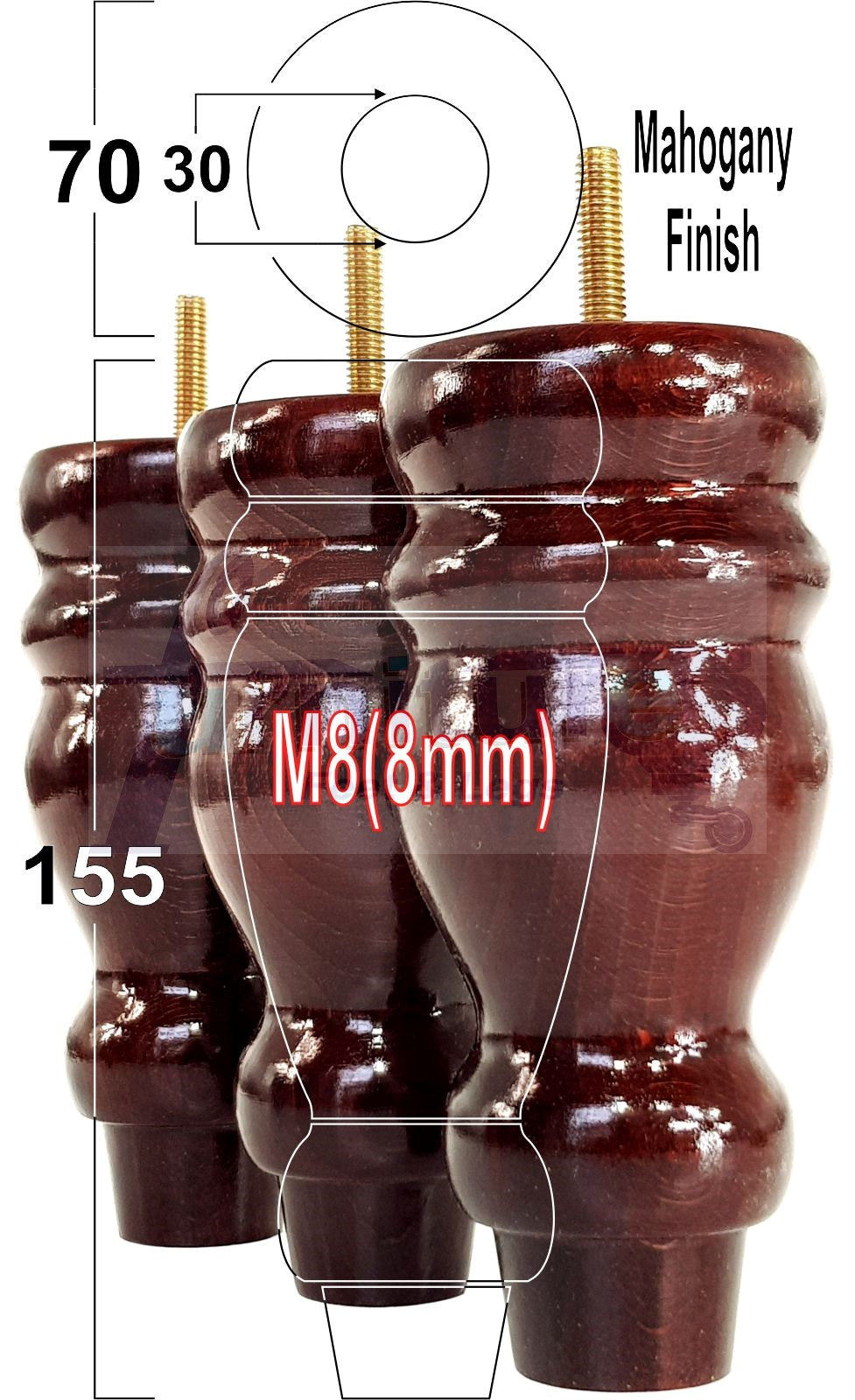 Set Of 4 Turned Wood Furniture Replacement Feet 155mm High 8mm Tread