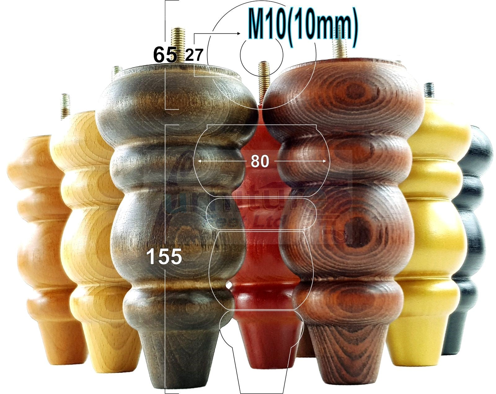 4 Wood Round Furniture Feet Turned Replacement Legs 155mm High Chairs Stools Sofa Beds Settee Cabinets M10 Various Colours 6 Inch high