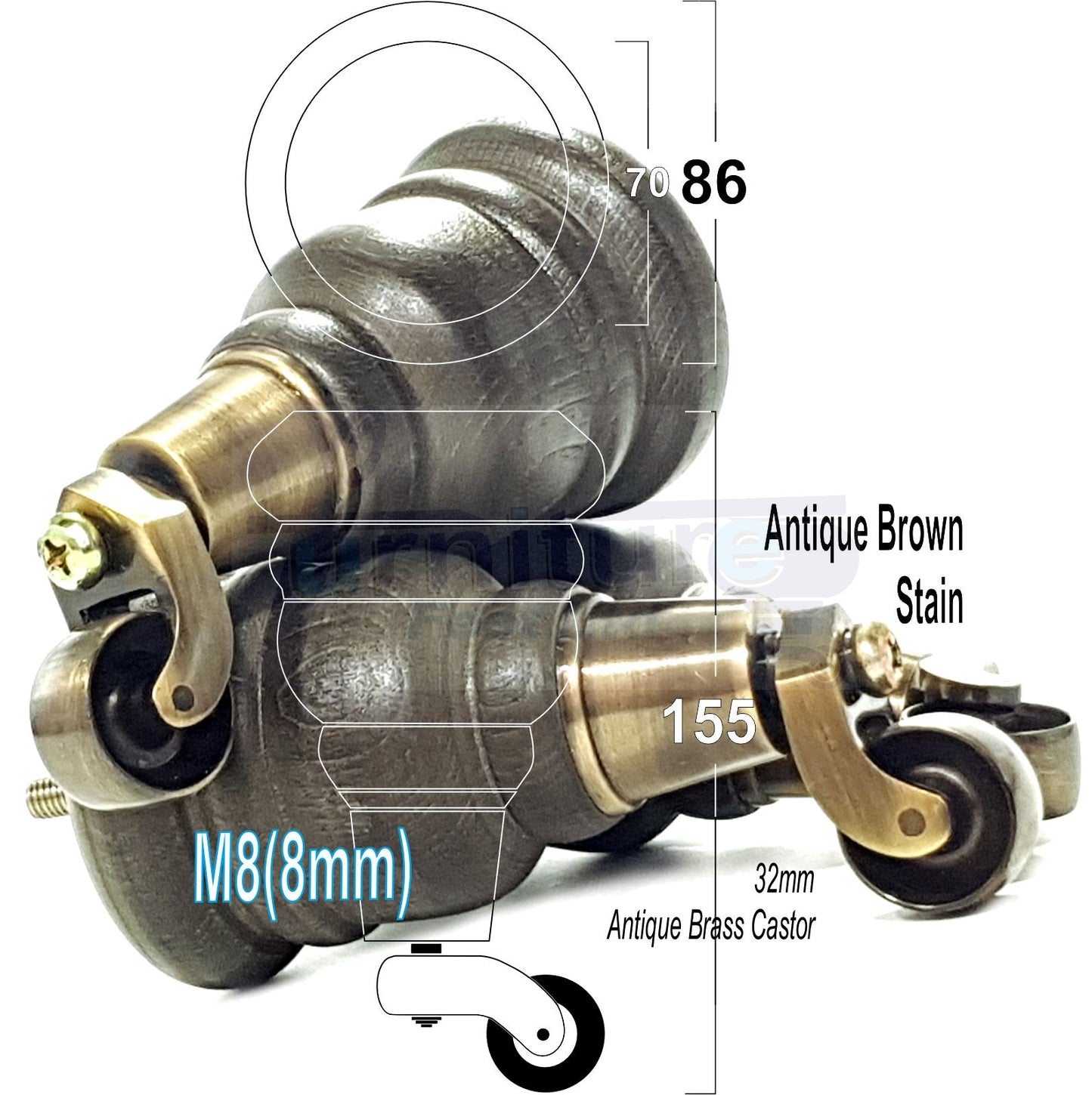 4 Turned Wood Furniture Feet With Antique Brass Castors 155mm Legs Sofas Chairs Stools Cabinets Beds M8 6 Inches