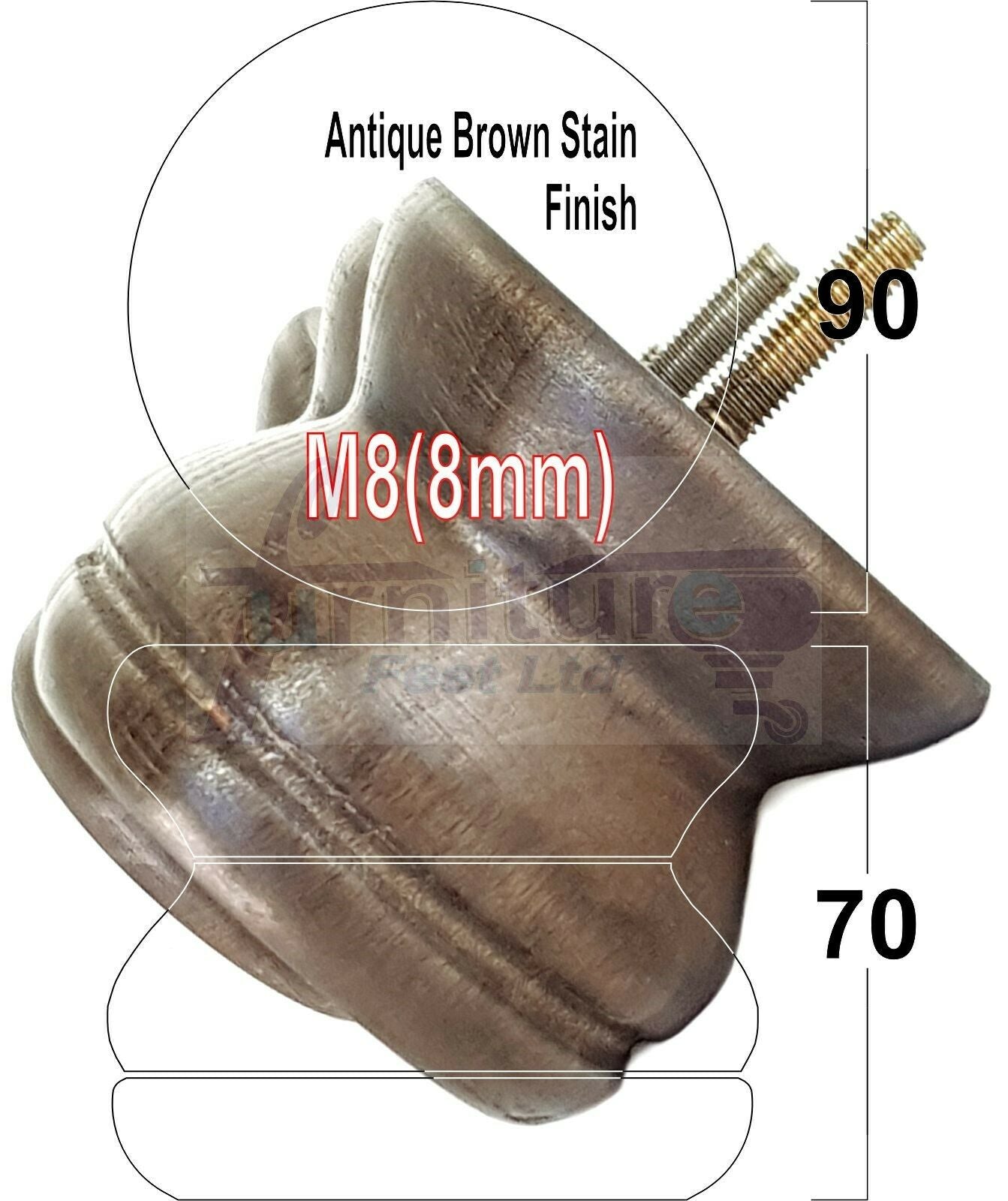 4x Turned Solid Wood Furniture Legs Replacement Bun Feet 70mm High 8mm Thread