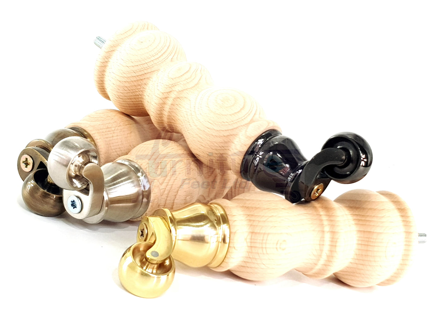 4 Turned Wood Furniture Feet With Castor 205mm High Legs Raw Wood M8 Sofas Chairs Stools Cabinets 8 Inches Tall 