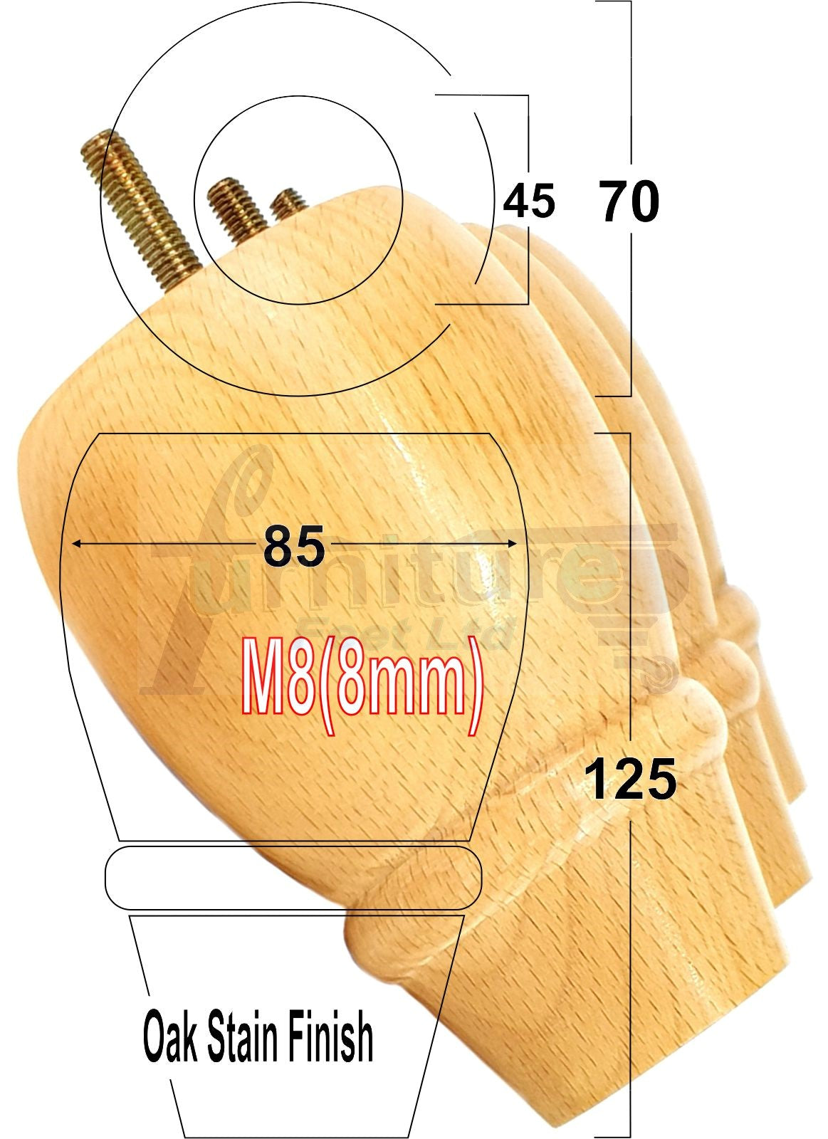 Set Of 4 Solid Wood Turned Replacement Furniture Legs 125mm High 8mm Thread