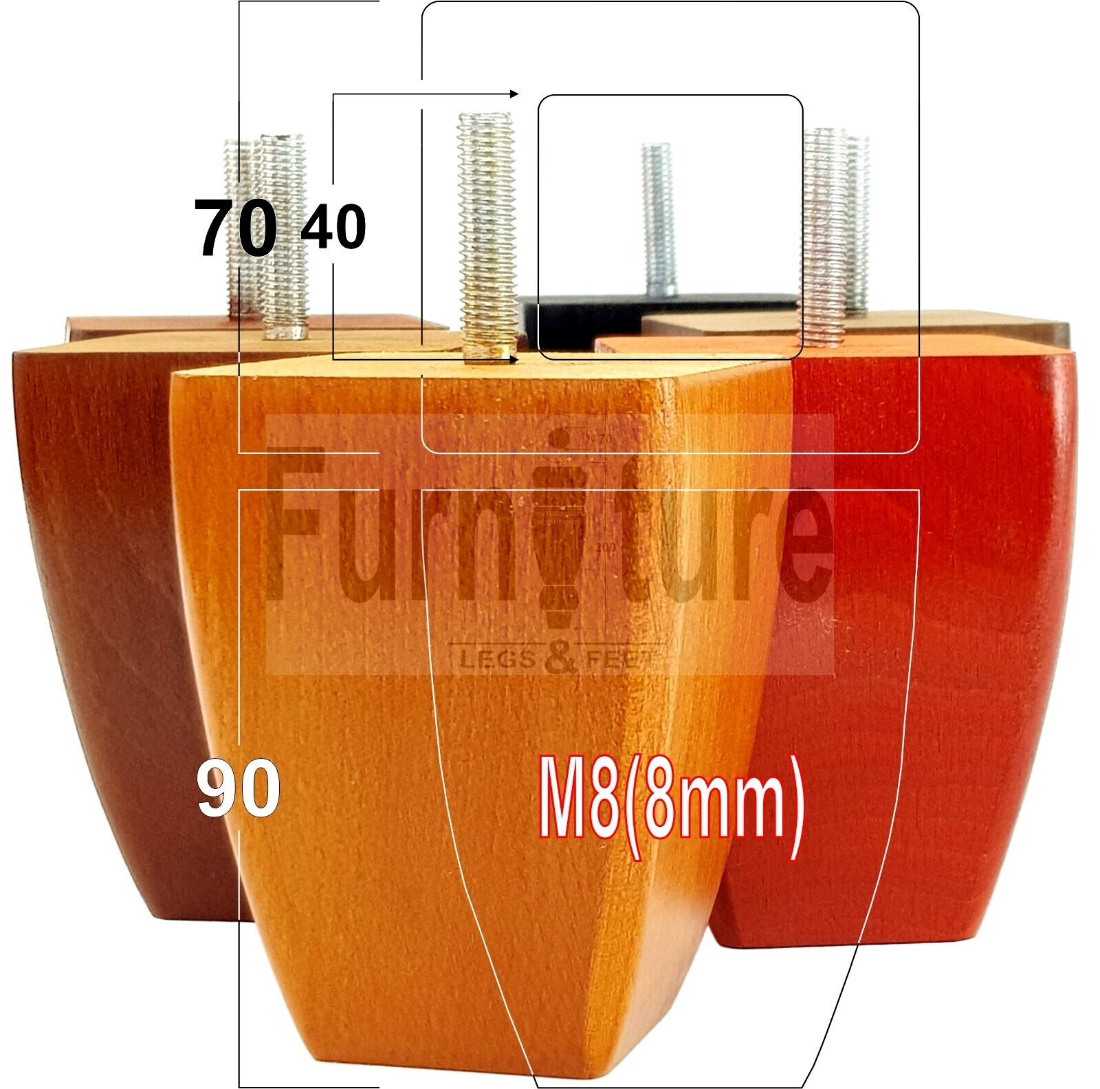 Set Of 4 Solid Wooden Block Furniture Feet Replacement Legs 90mm High M8(8mm)