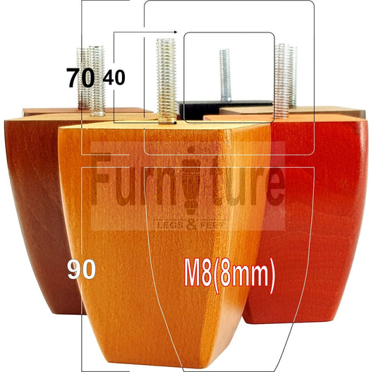 Set Of 4 Solid Wooden Block Furniture Feet Replacement Legs 90mm High M8(8mm)