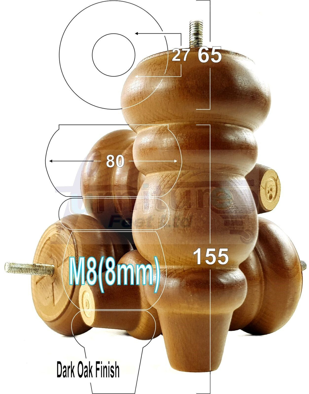 4 Solid Wood Turned Furniture Legs Round Repalcement Chair, Settee Feet 155mm 8mm Thread