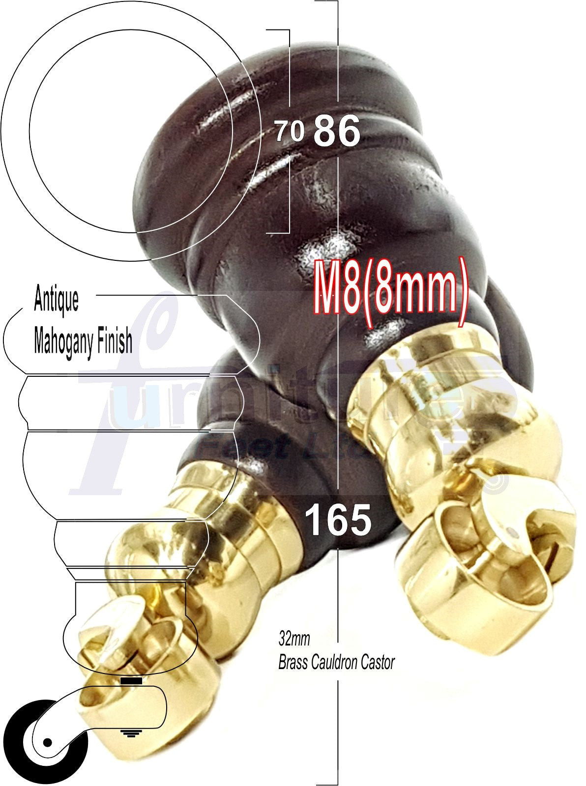 4 Turned Wood Furniture Feet With Brass Cauldron Castors 160mm Legs Sofas Chairs Stools Cabinets Beds M8 6 Inches