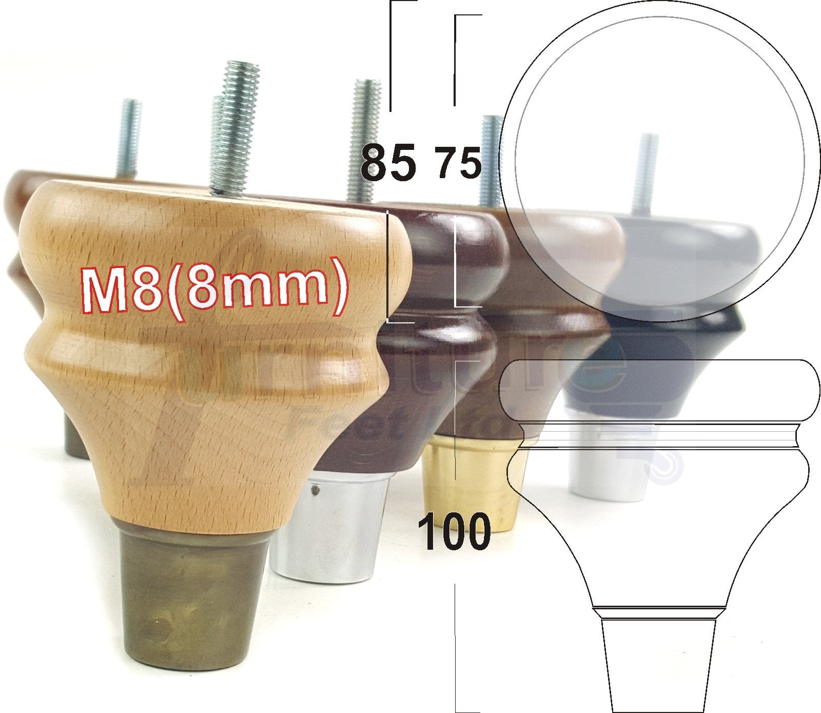 4x Turned Wood Furniture Feet M8(8mm) With Slipper Cup Chair Sofa Settee Legs 110mm