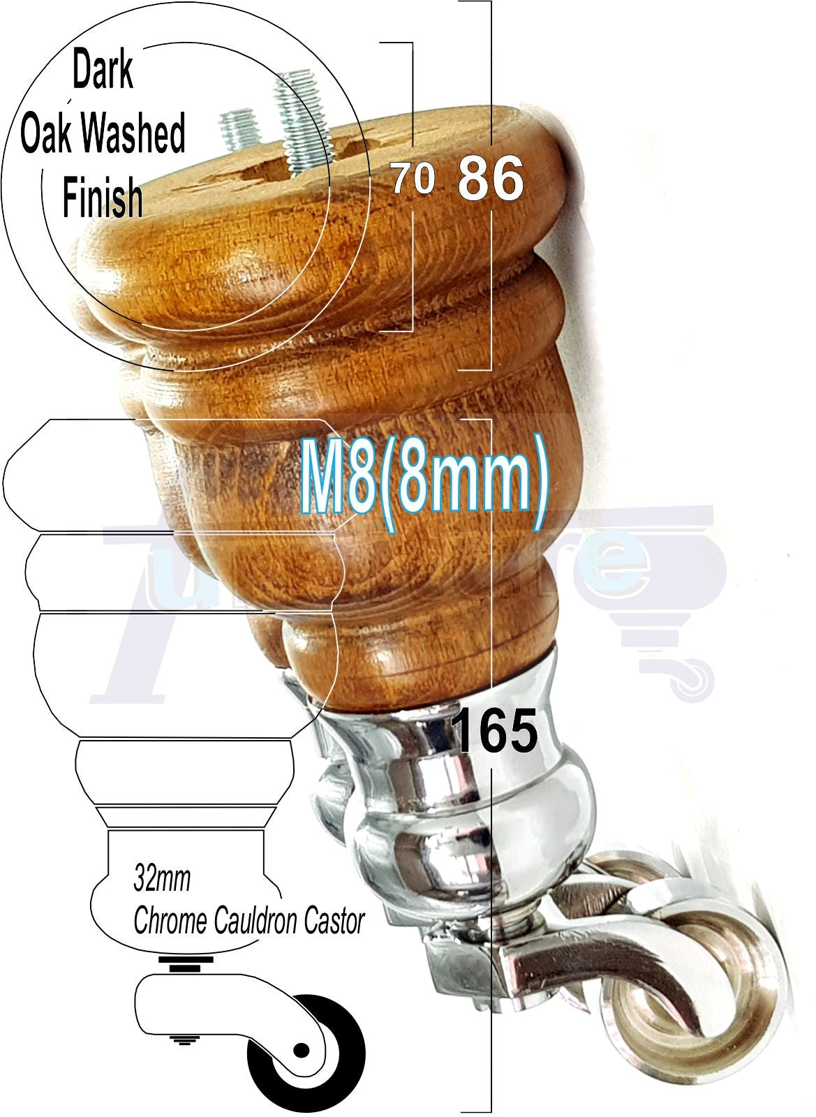 4 Turned Wood Furniture Feet With Chrome Cauldron Castors 155mm Legs Sofas Chairs Stools Cabinets Beds M8 6 Inches