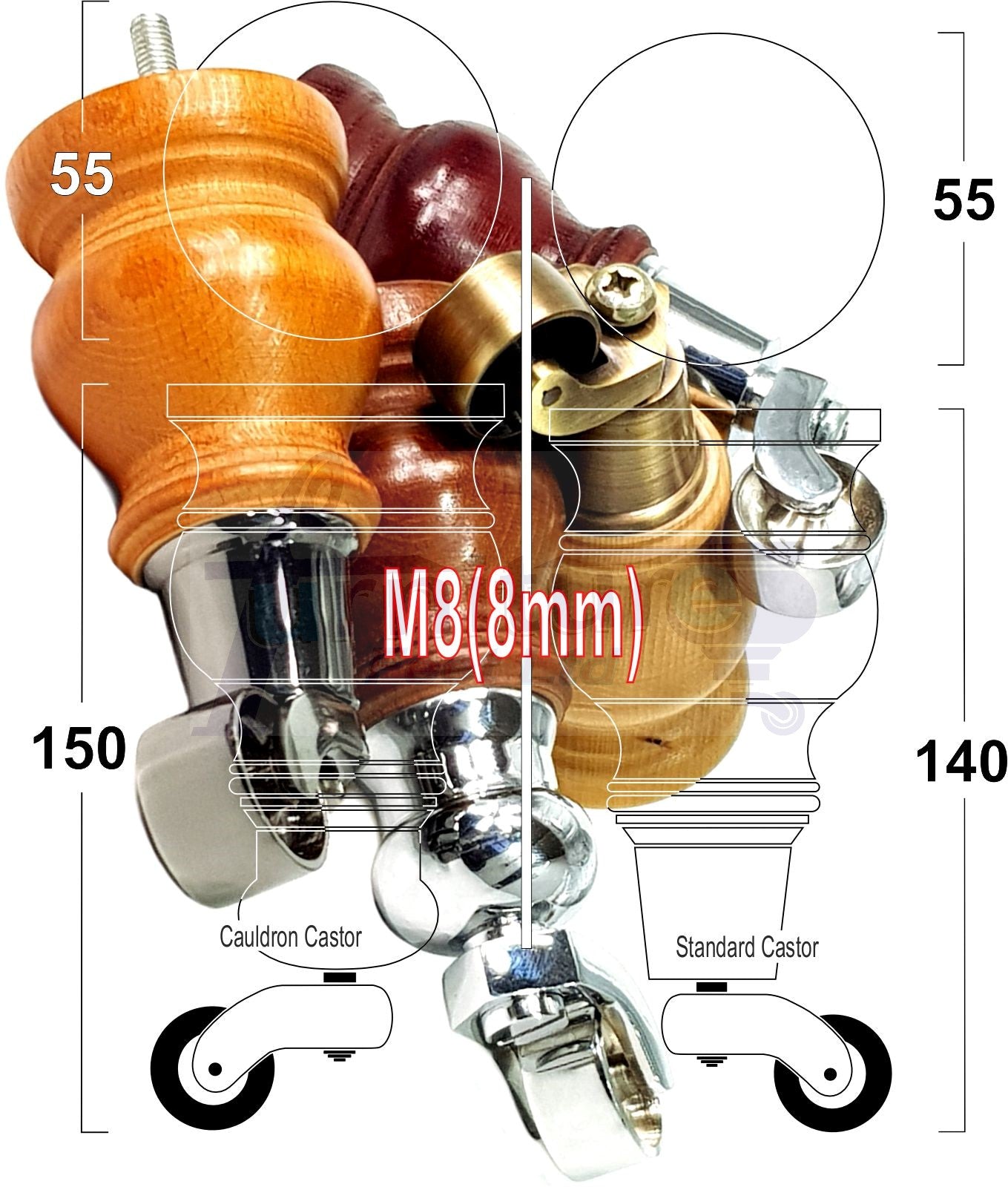 Set Of 4 Turned Wood Furniture Legs With 150mm High Castor 8mm Thread For Chairs Settees & Cabinets Dark Oak Finish
