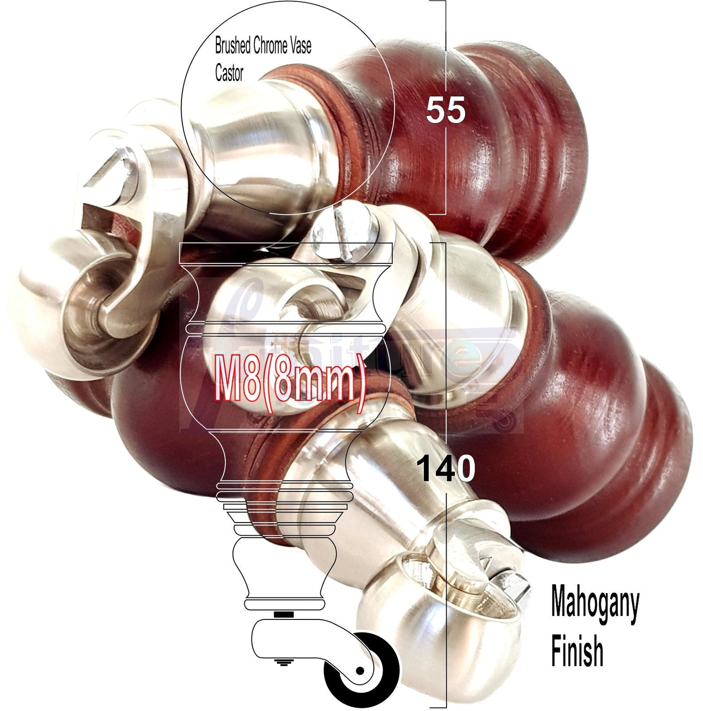 Set Of 4 Turned Wood Furniture Legs With Brushed Chrome Castor 140mm High M8(8mm) For Chairs Settees & Cabinets