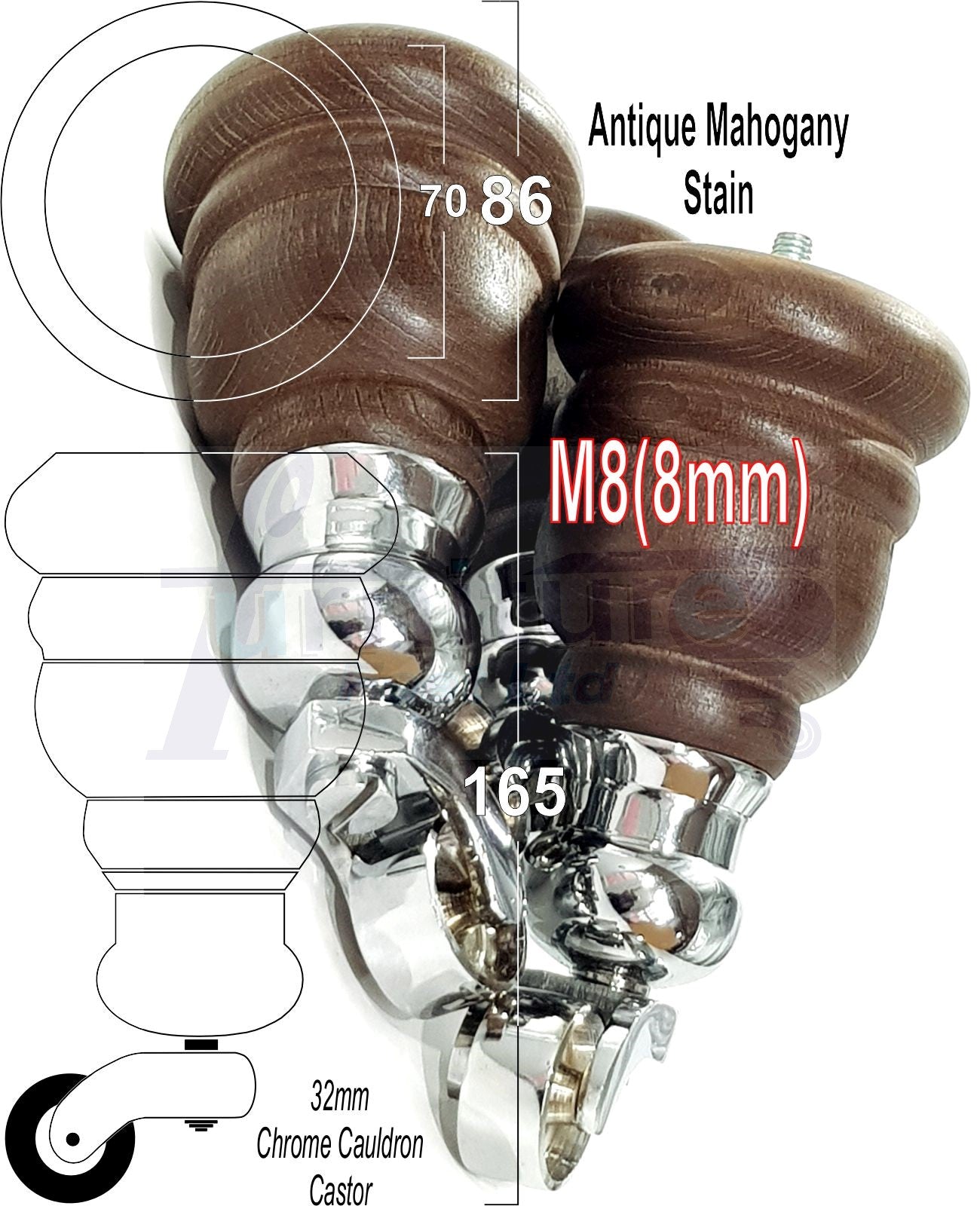 4 Turned Wood Furniture Feet With Chrome Cauldron Castors 155mm Legs Sofas Chairs Stools Cabinets Beds M8 6 Inches