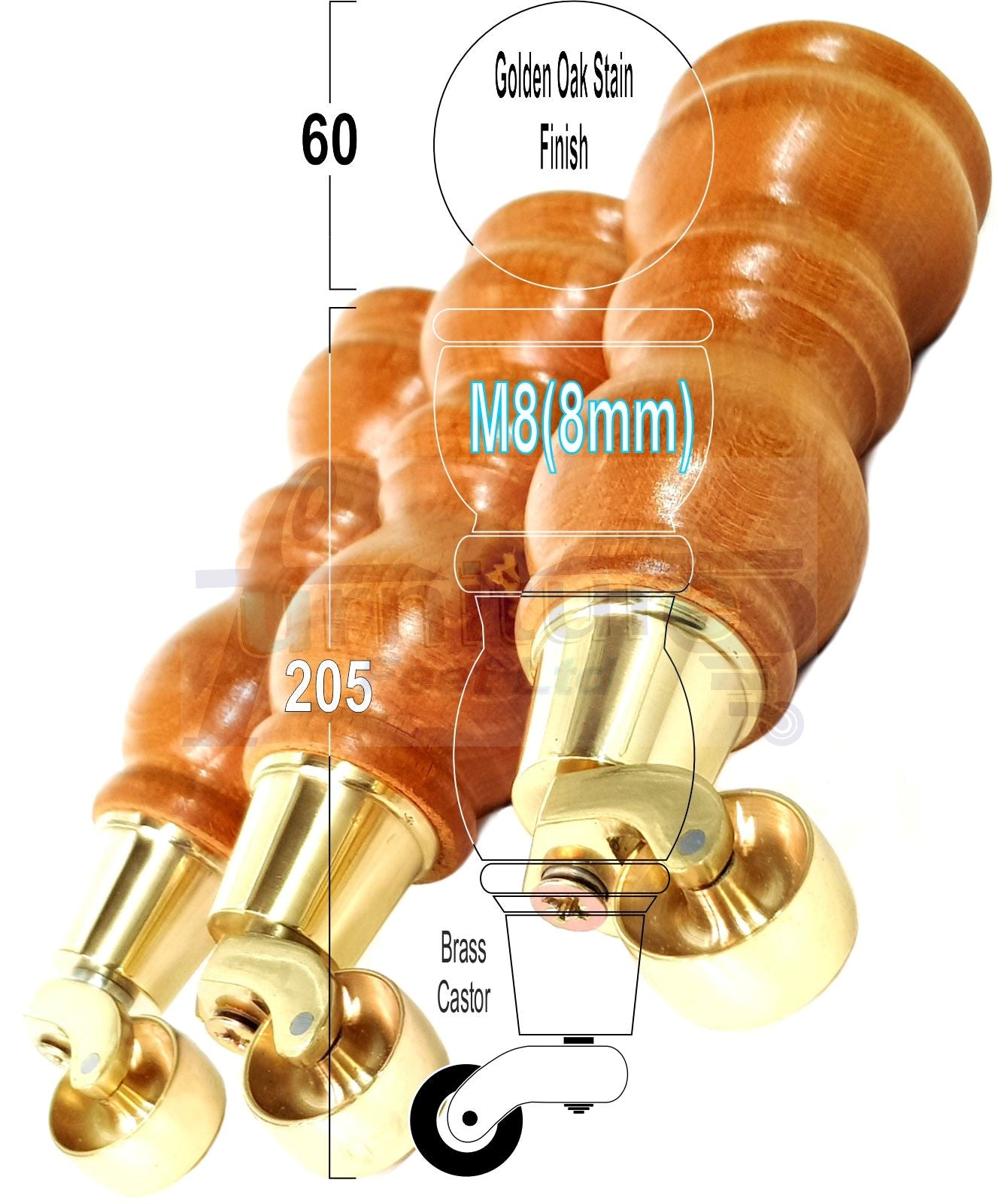 Solid Wood Furniture Feet With Castors Set of 4 Legs 205mm High For Sofas Chairs Stools Cabinets & Beds M8