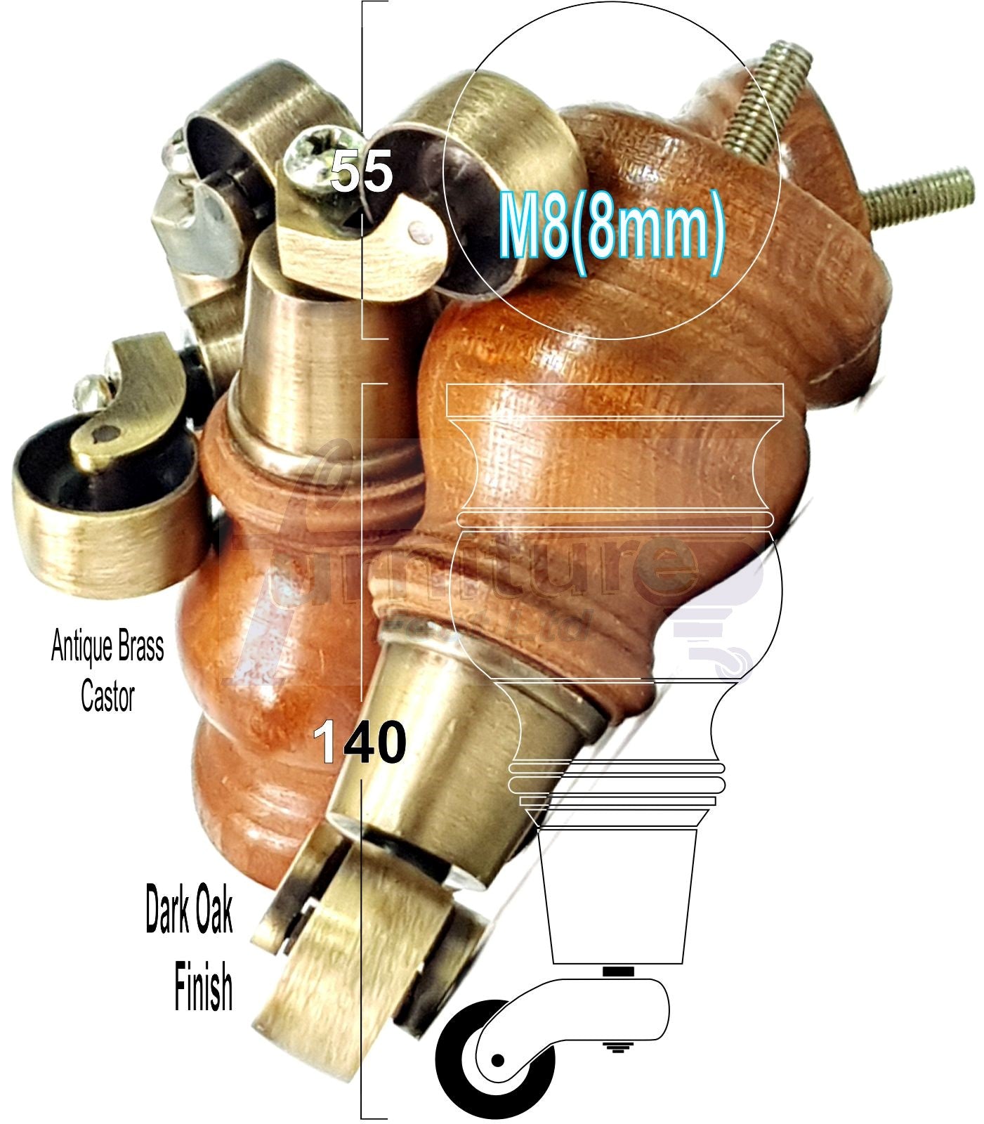 4x Turned Wood Furniture Legs With Antique Castor 150mm High M8 For Settees Chairs & Cabinets