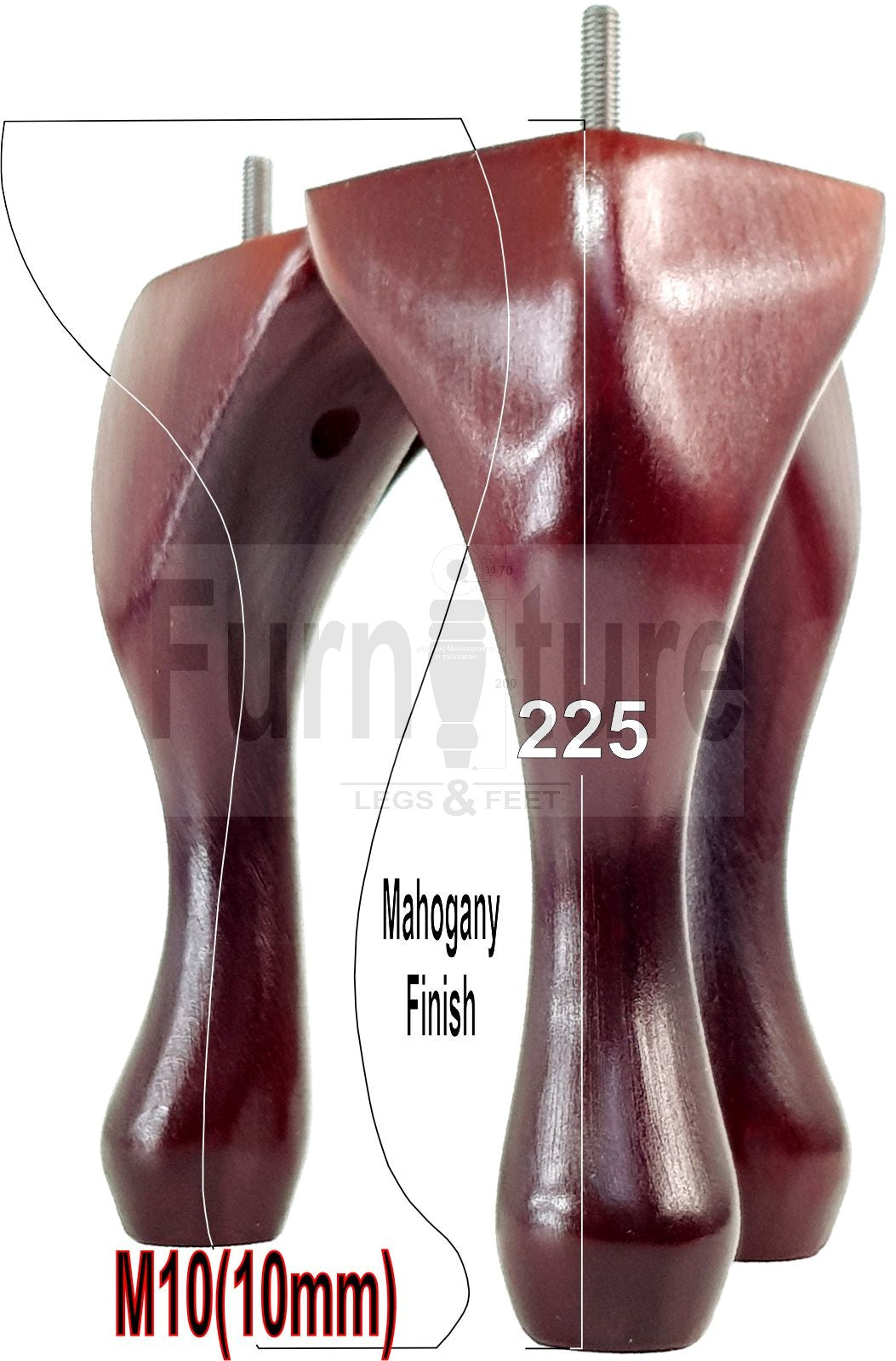 4 Solid Wood Furniture Legs 225mm High Queen Anne Replacement Feet Chairs Settees Sofas M10 Thread