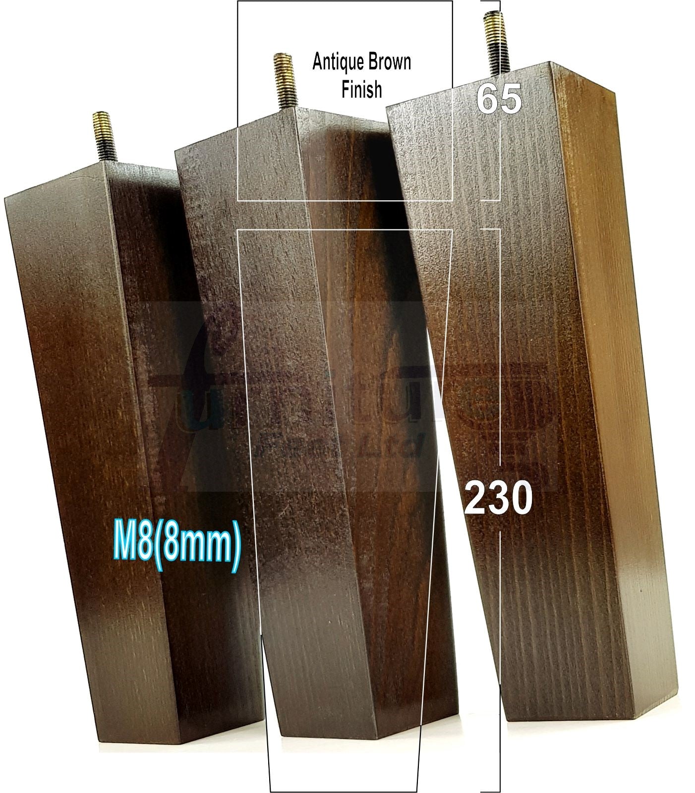 4 Solid Wood Furniture Feet Square Replacement Block Tapered Legs 230mm High M8 Sofa Chairs Stools Cabinets Beds