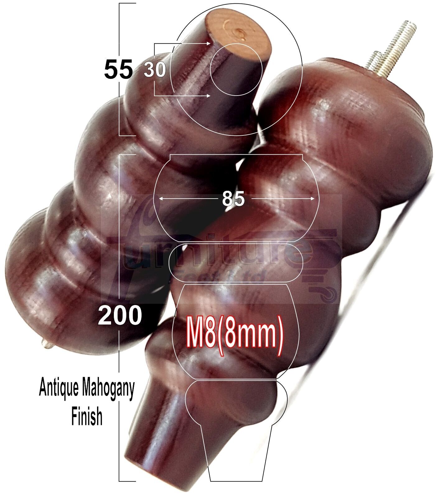 Solid Wood Furniture Feet Replacement Turned Legs 200mm High Chairs Stools Sofa's Beds Settee Cabinets M8 Various Colours Set of 4