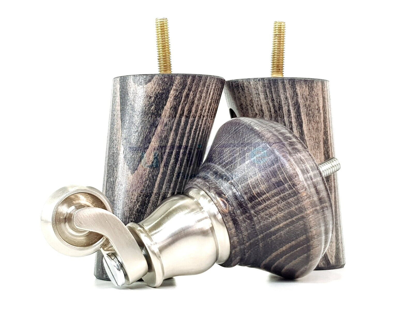 2 Black Washed Wood Furniture Sofa Legs With Castor 125mm & 2 Angled Back Feet Chair Settee 100mm High M8