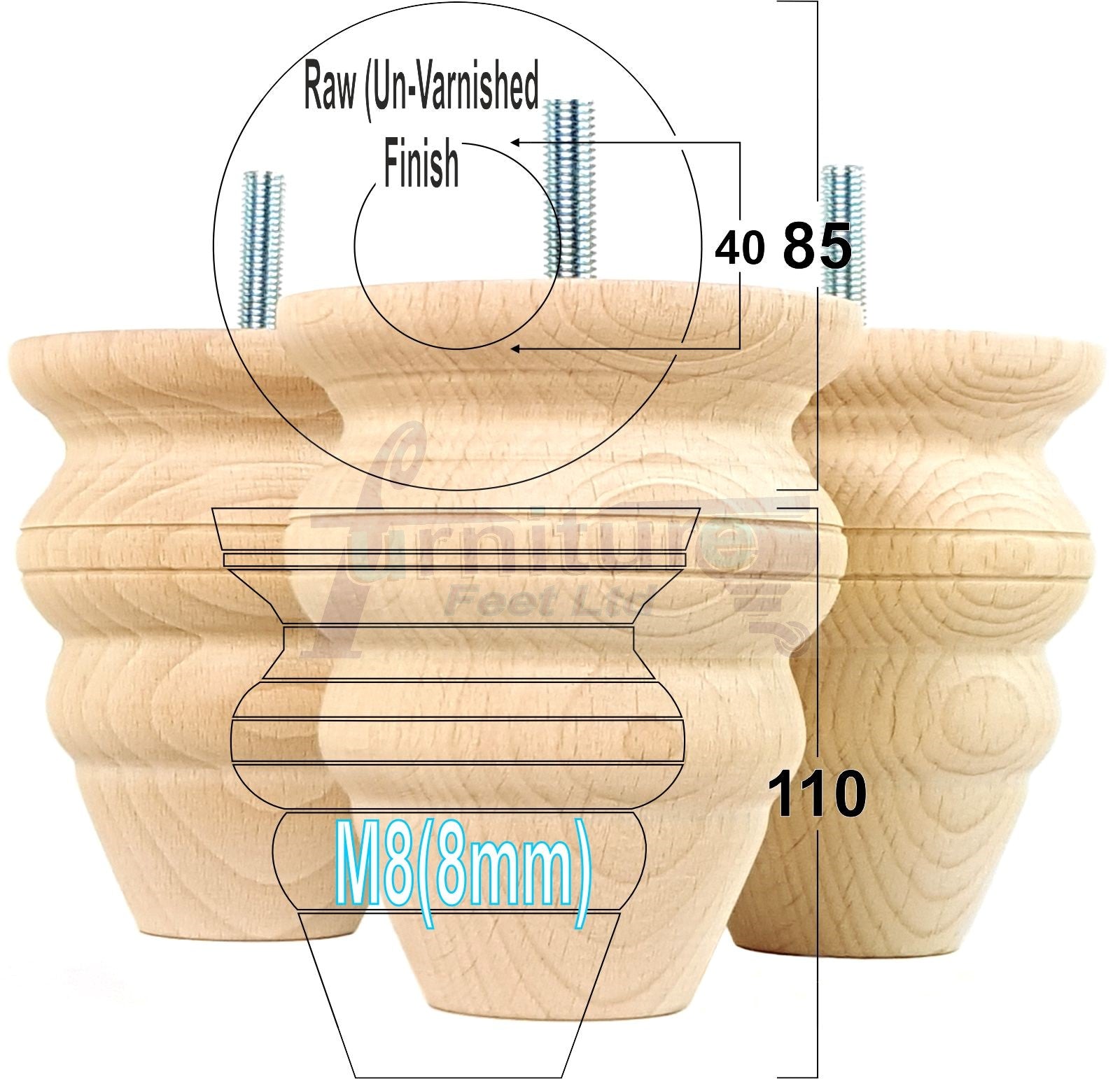 4x Turned Wood Furniture Legs Replacement Feet 110mm High Multiple Colours Chairs Stools Sofa's Beds Settee Cabinets M8