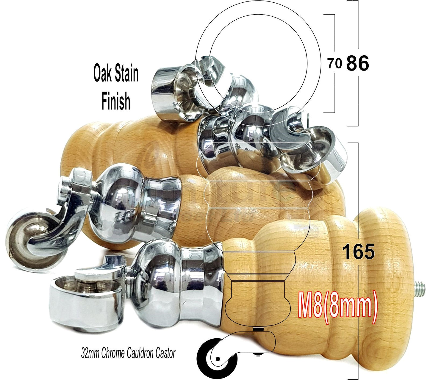 4 Turned Wood Furniture Feet With Chrome Cauldron Castors 155mm Legs Sofas Chairs Stools Cabinets Beds M8 6 Inches