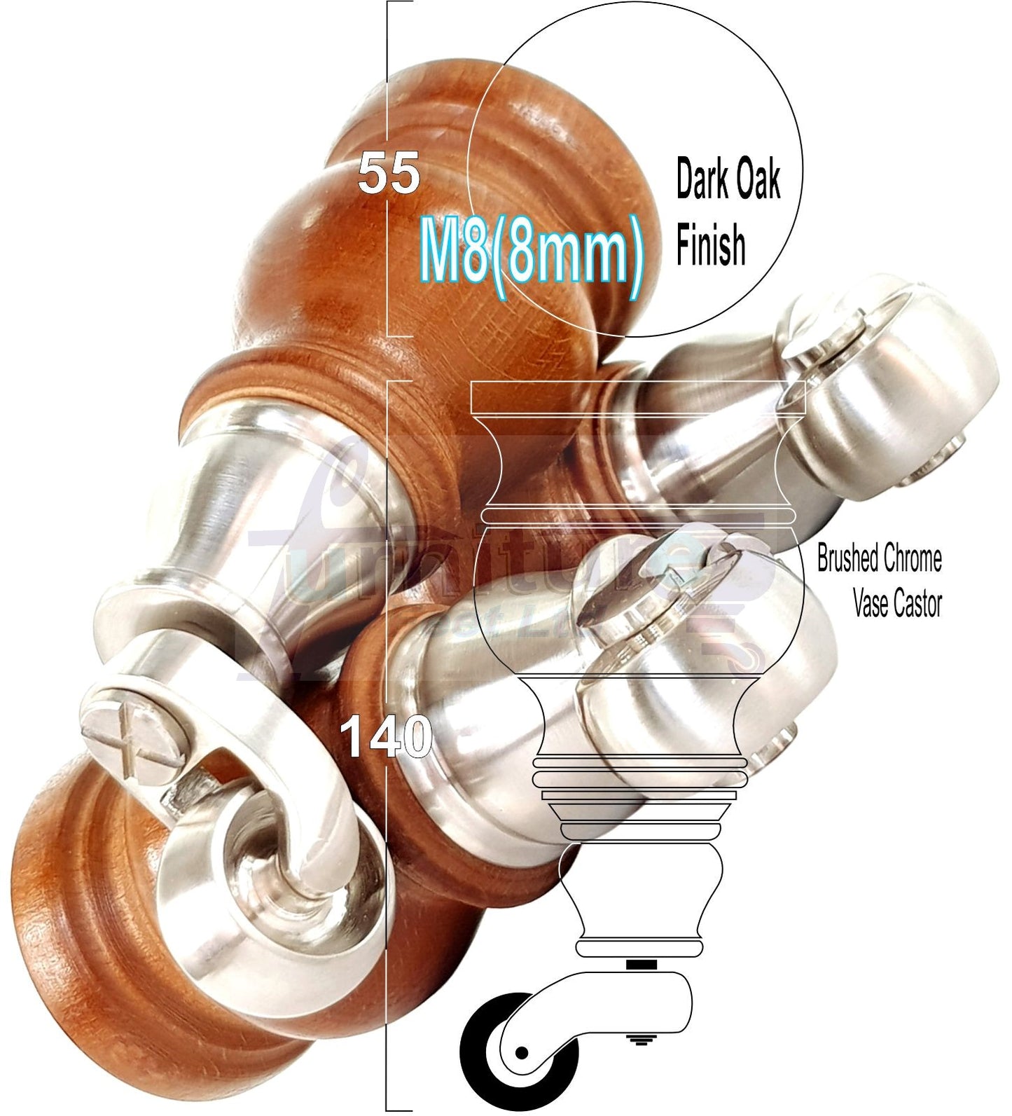 Set Of 4 Turned Wood Furniture Legs With Brushed Chrome Castor 140mm High M8(8mm) For Chairs Settees & Cabinets