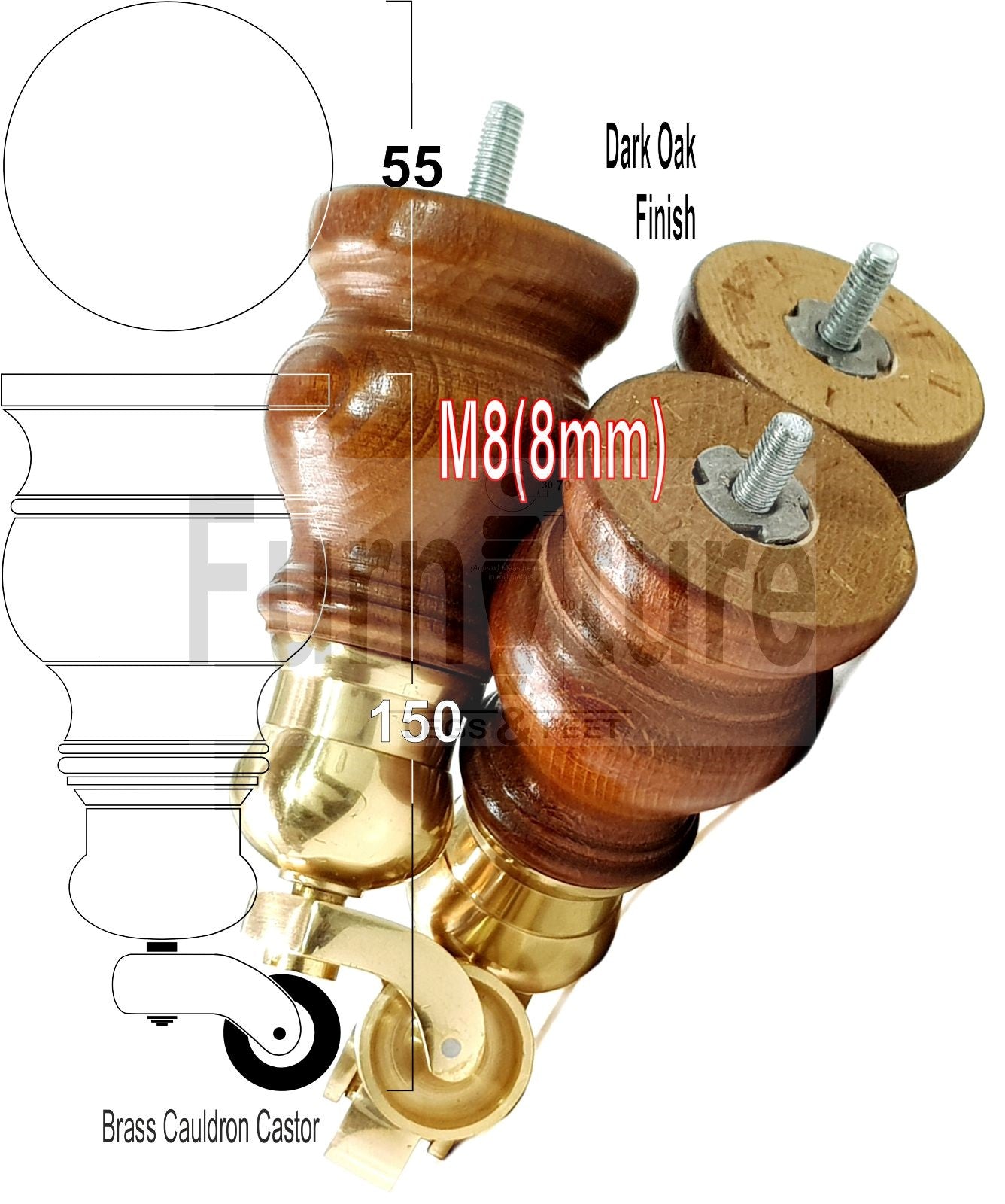 Set Of 4 Turned Wood Furniture Legs With 150mm High Castor 8mm Thread For Chairs Settees & Cabinets Dark Oak Finish