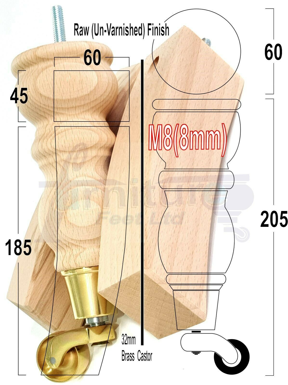 2x Wood Furniture Castor Settee Feet & 2x Curved Legs 8mm Thread 205mm High Raw (Un-Varnished) For Sofas Chairs Stools Cabinets & Beds