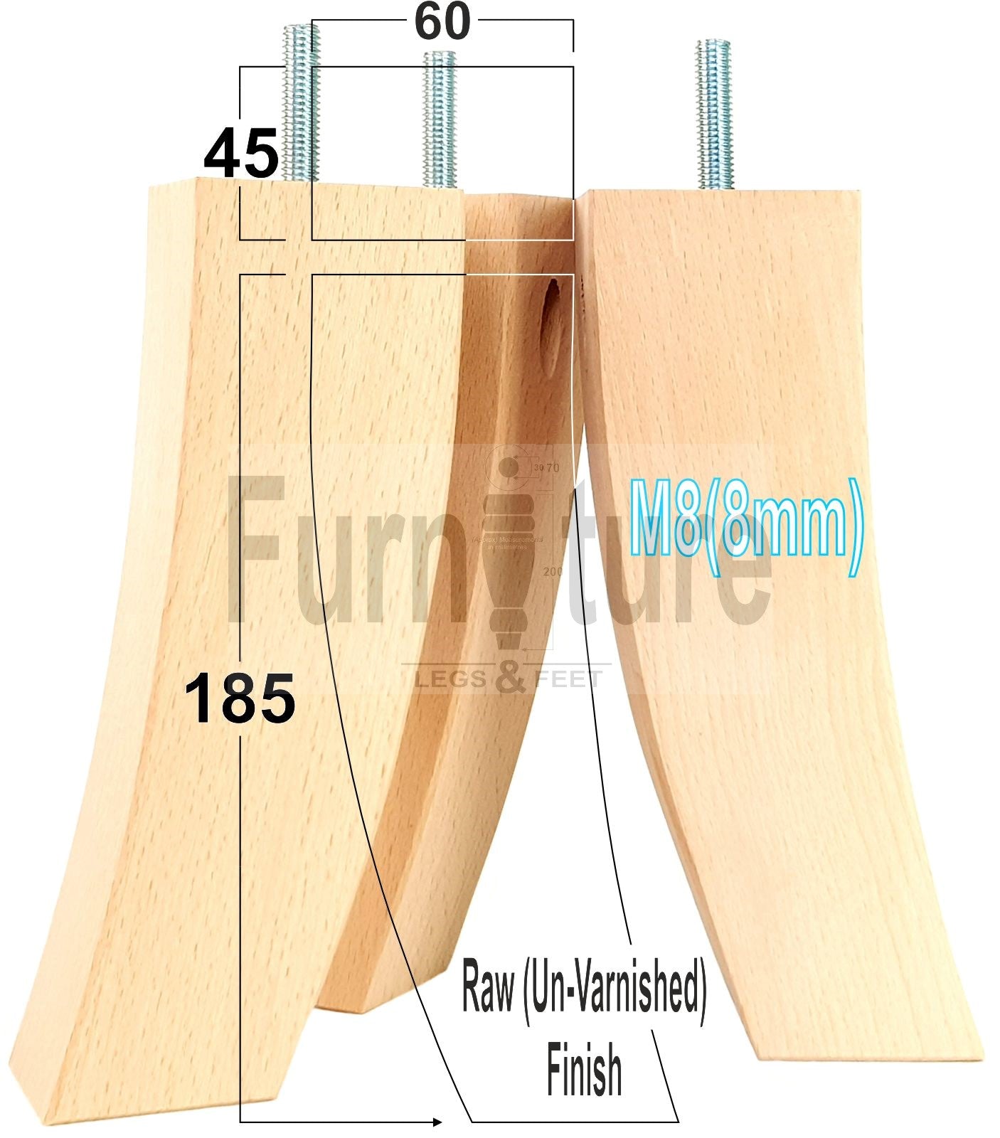 Set Of 4 Solid Wood Curved Furniture Feet Replacement Legs 185mm High M8(8mm)