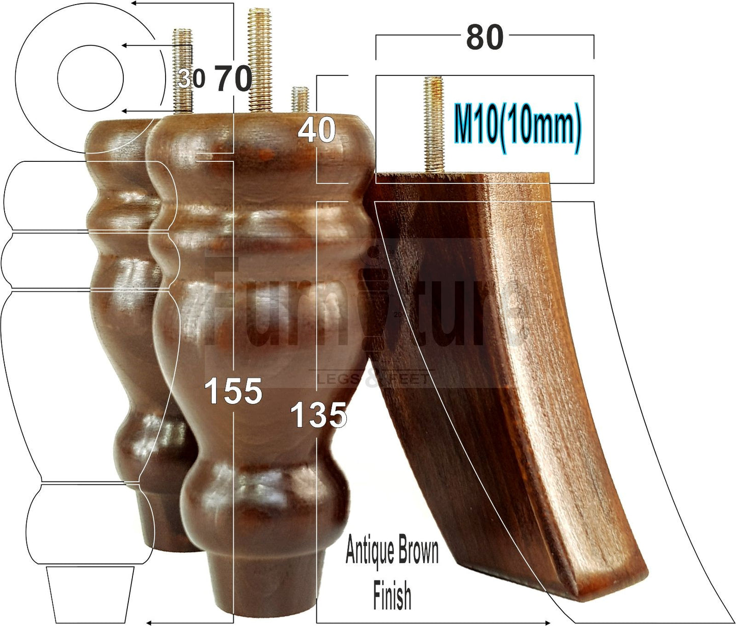 2x Turned Wood Furniture Feet 155mm and 2 Curved Back Legs Sofas Chairs Stools Cabinets Beds M10 Thread 6 Inches