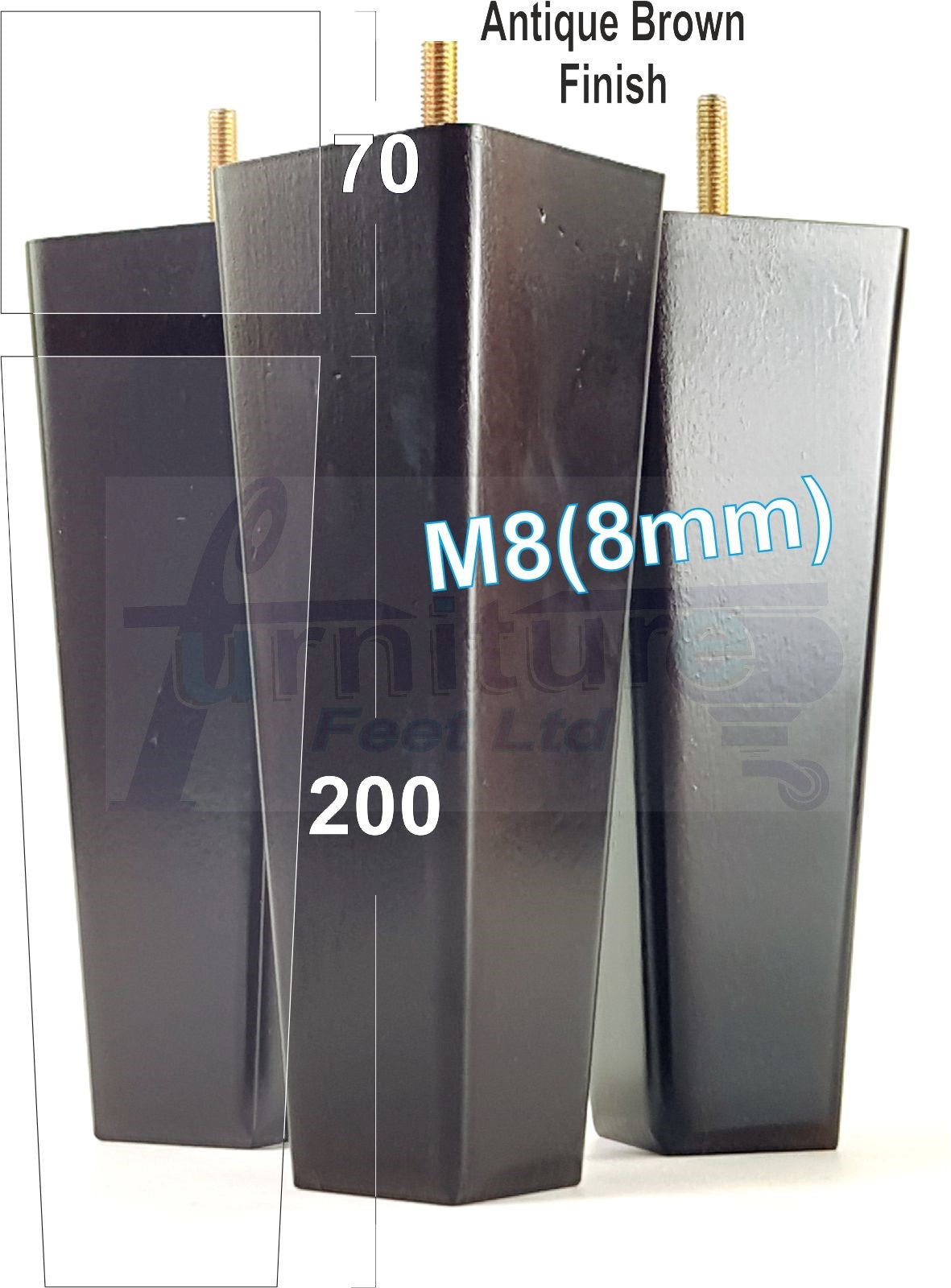 4x Wooden Furniture Legs 200mm High Replacement Square Tapered Feet 8mm Thread