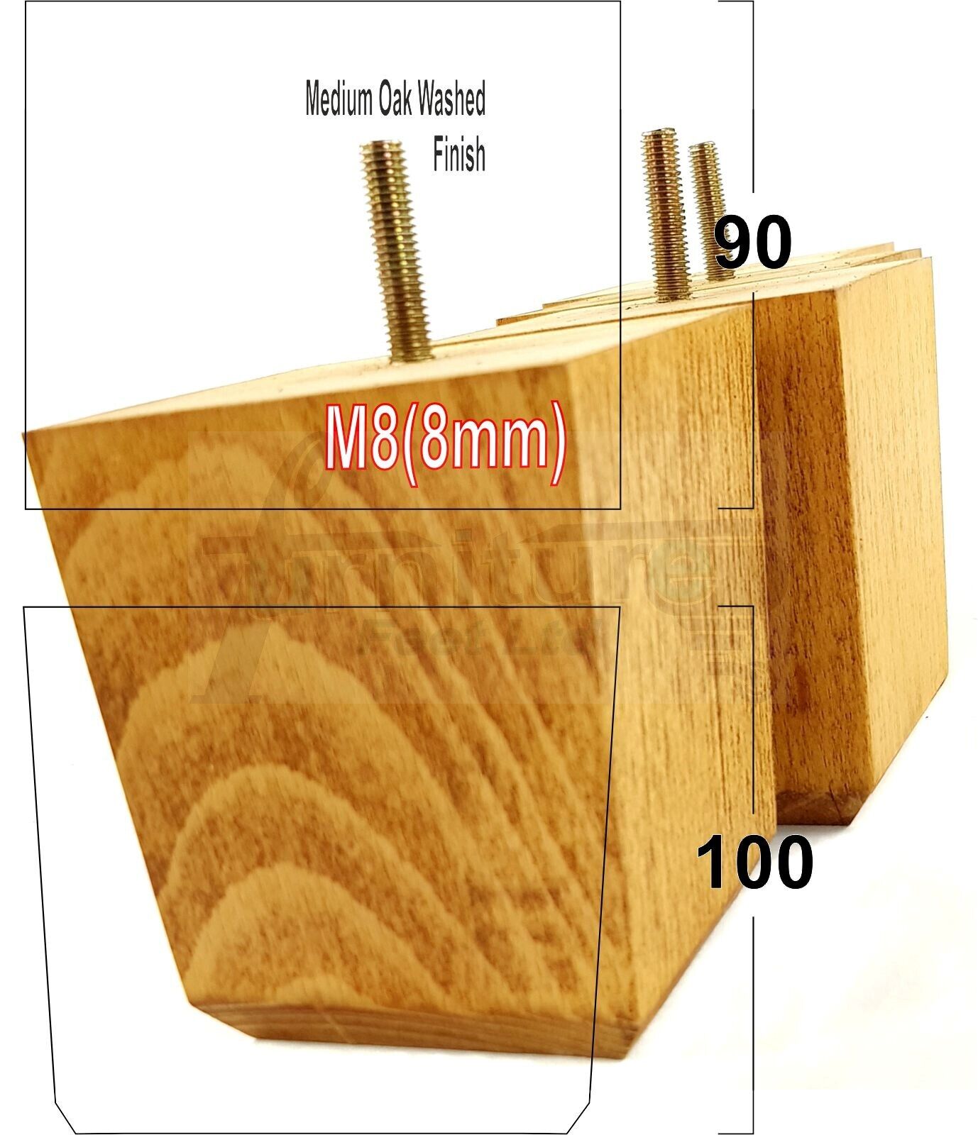 4x Solid Wood Square Furniture Legs Block Replacement Feet 100mm M8(8mm)
