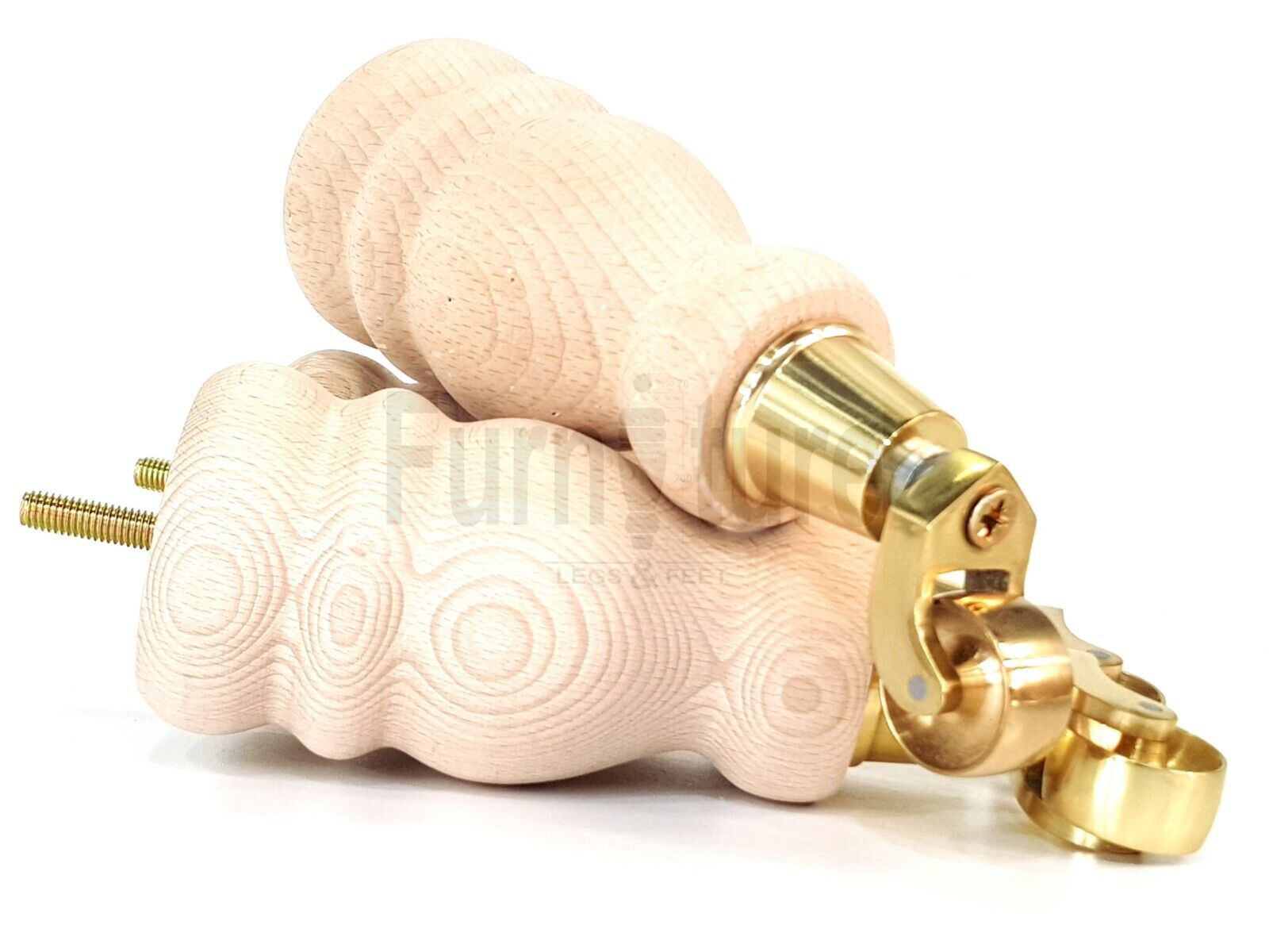 Set Of 4 Wooden Turned Replacement Furniture Legs 200mm High With Brass Castor Wheels 8mm Thread