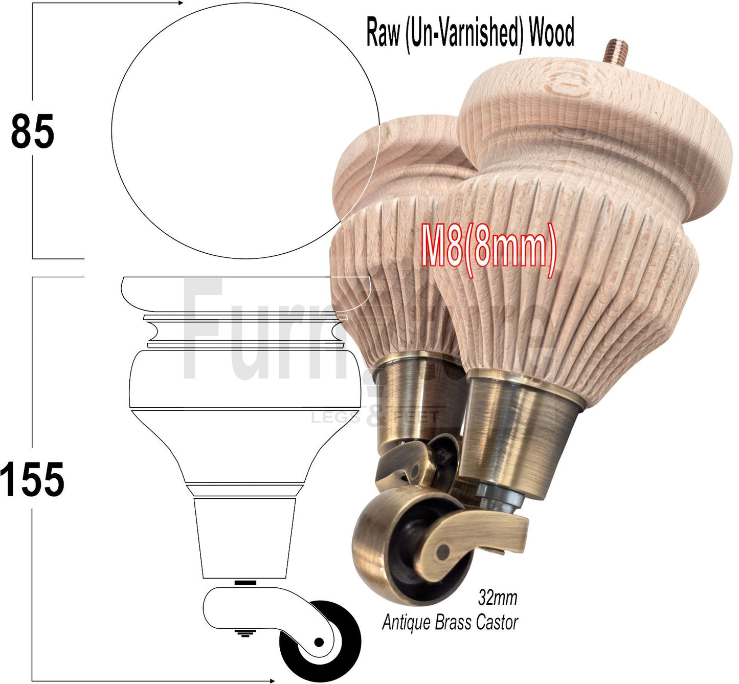 Wood Furniture Legs Replacement Feet 6 Inches with Castors 155mm High M8 Dowl Fixing - Raw Wood