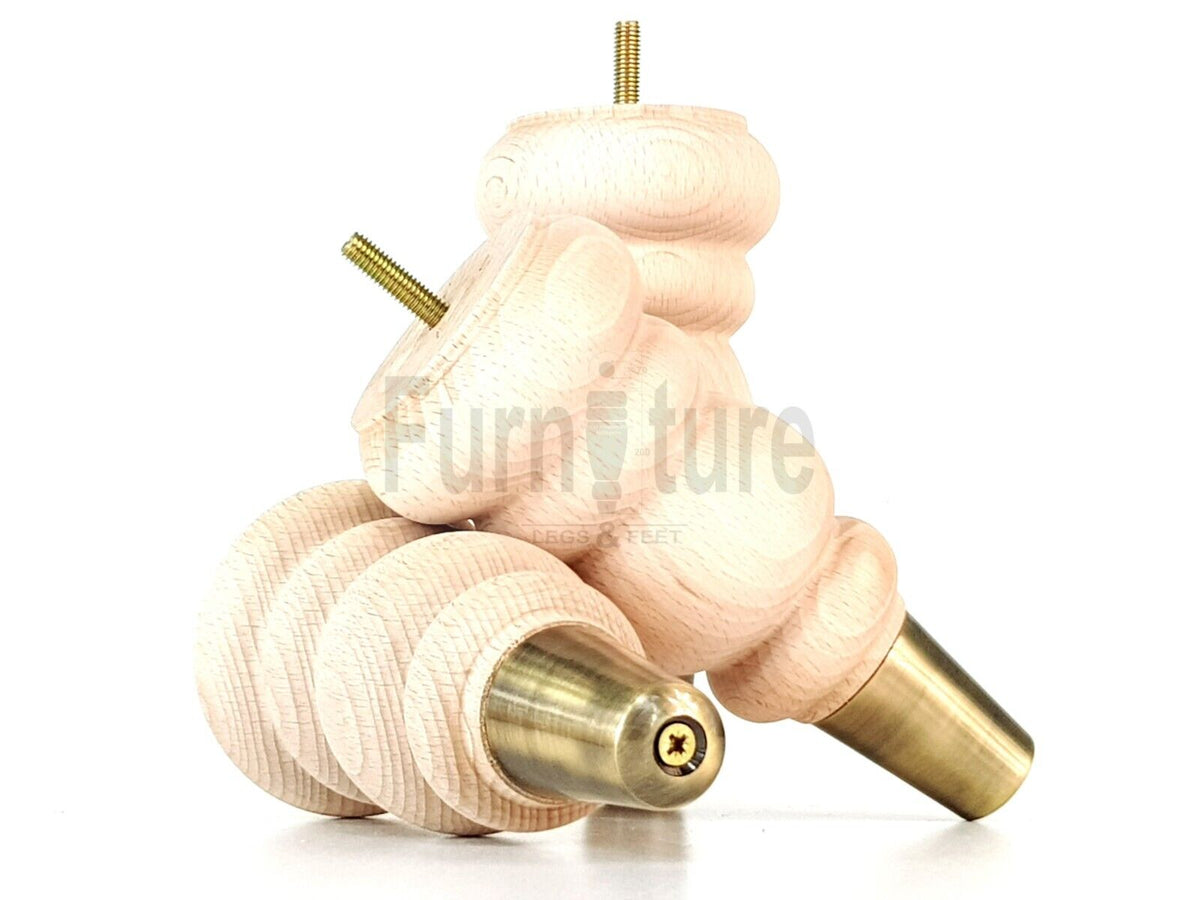 4x Round and Turned Wood Furniture Legs With Brass Slipper Cups Replacement Feet 185mm High 8mm Thread