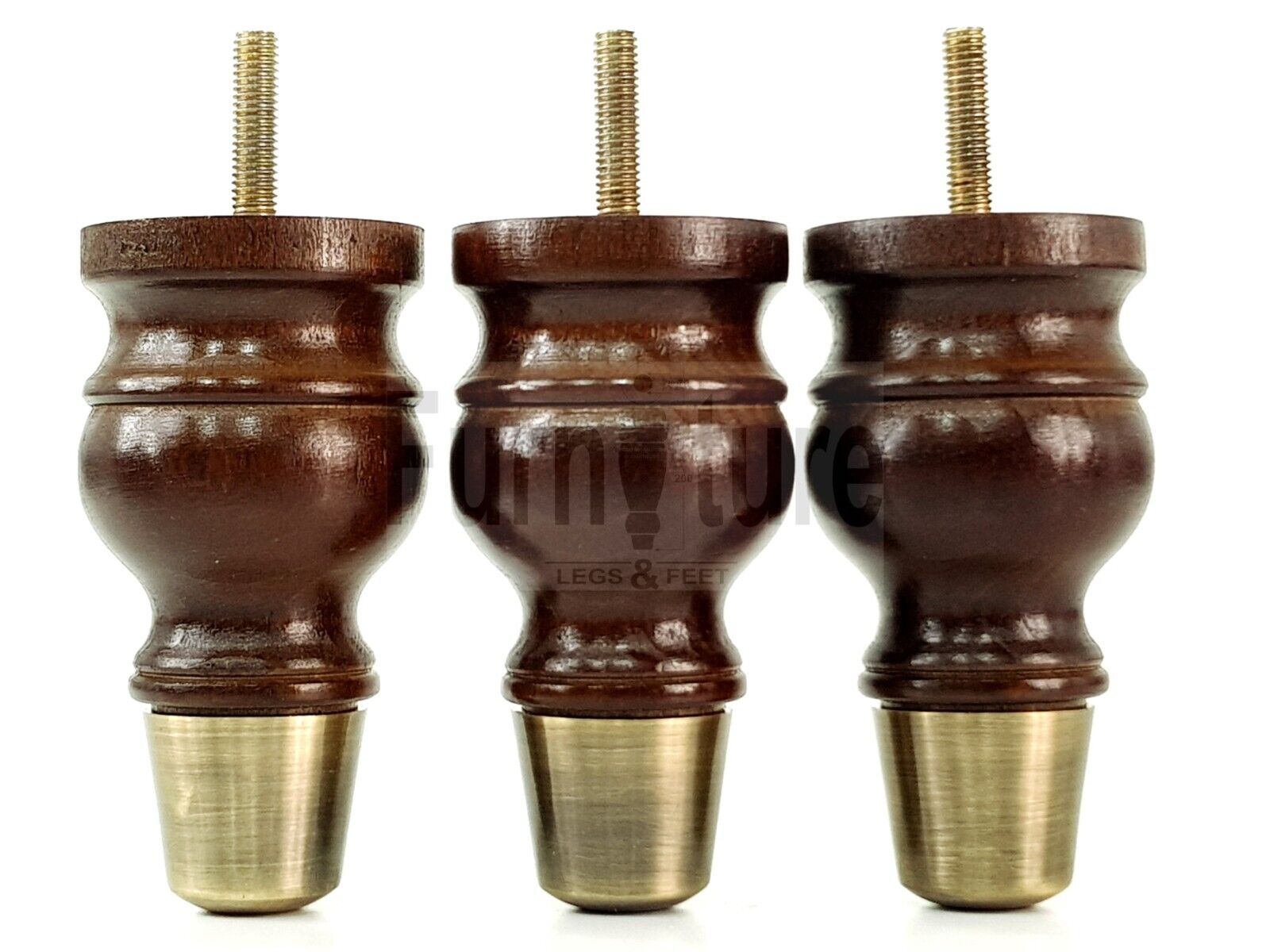 4x Turned Wooden Furniture Leg Antique Brass Slipper Cup Sofa, Chair Feet 110mm High M8